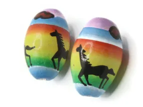 2 16mm Vintage Painted Oval Multicolor Horse Beads Peruvian Clay Beads