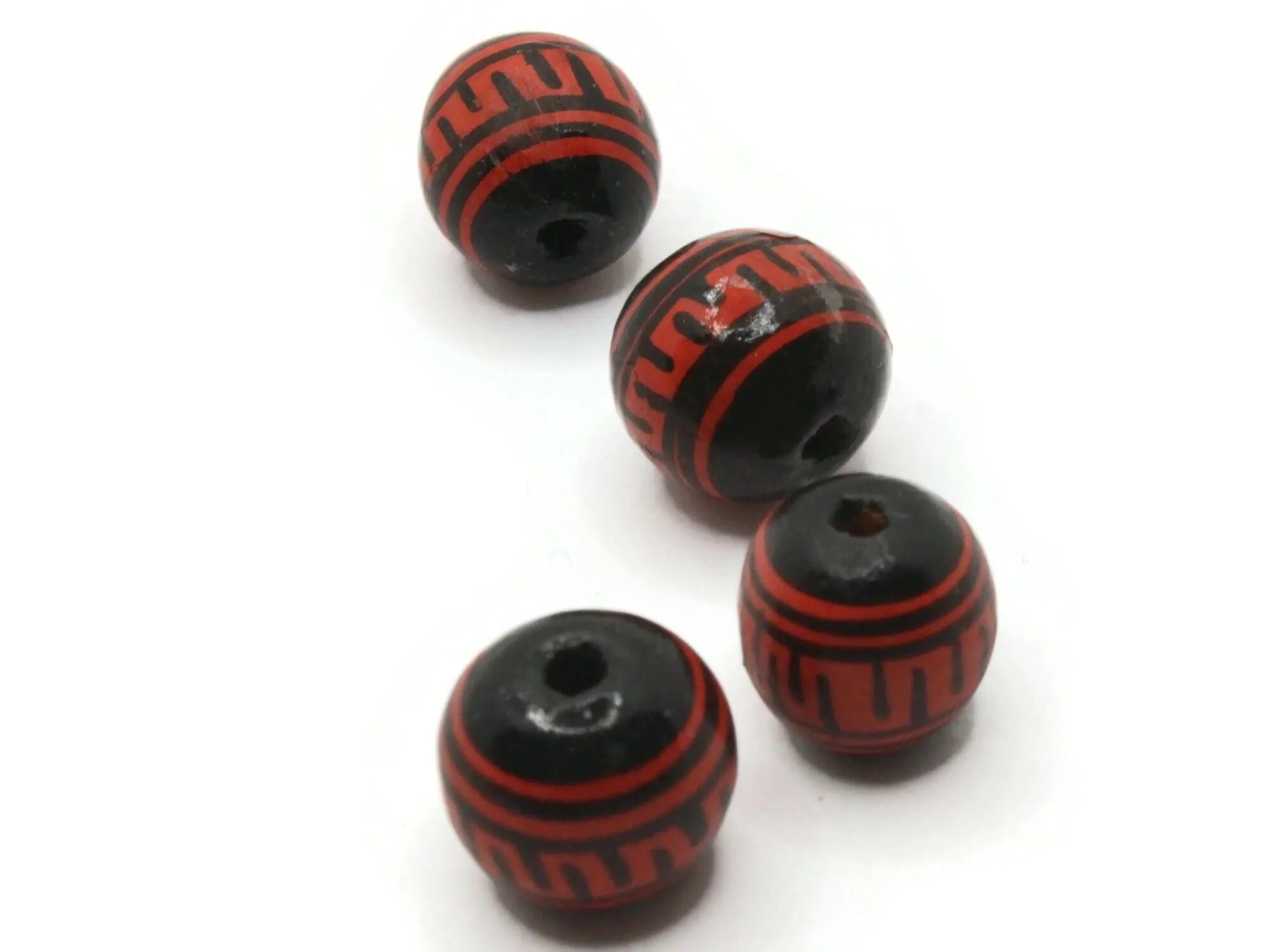 4 14mm Vintage Painted Black and Red Round Peruvian Clay Beads