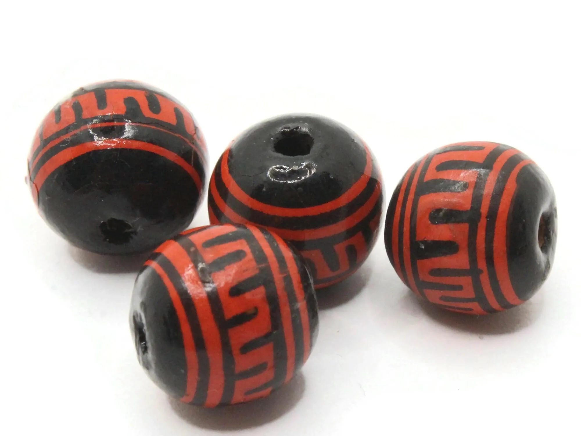 4 14mm Vintage Painted Black and Red Round Peruvian Clay Beads