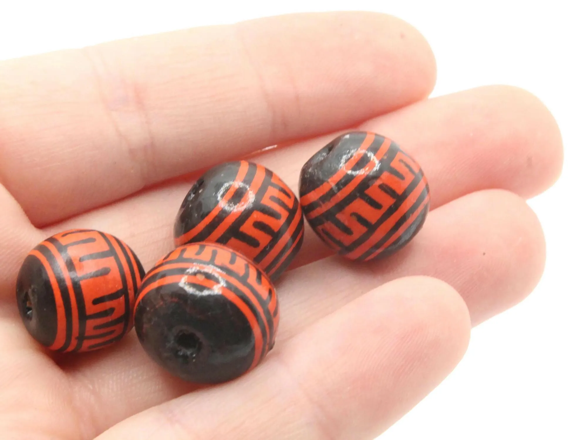 4 14mm Vintage Painted Black and Red Round Peruvian Clay Beads