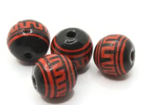 4 14mm Vintage Painted Black and Red Round Peruvian Clay Beads