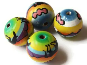 4 16mm Vintage Painted Peruvian Clay Beads - Round Multicolor Horse Beads