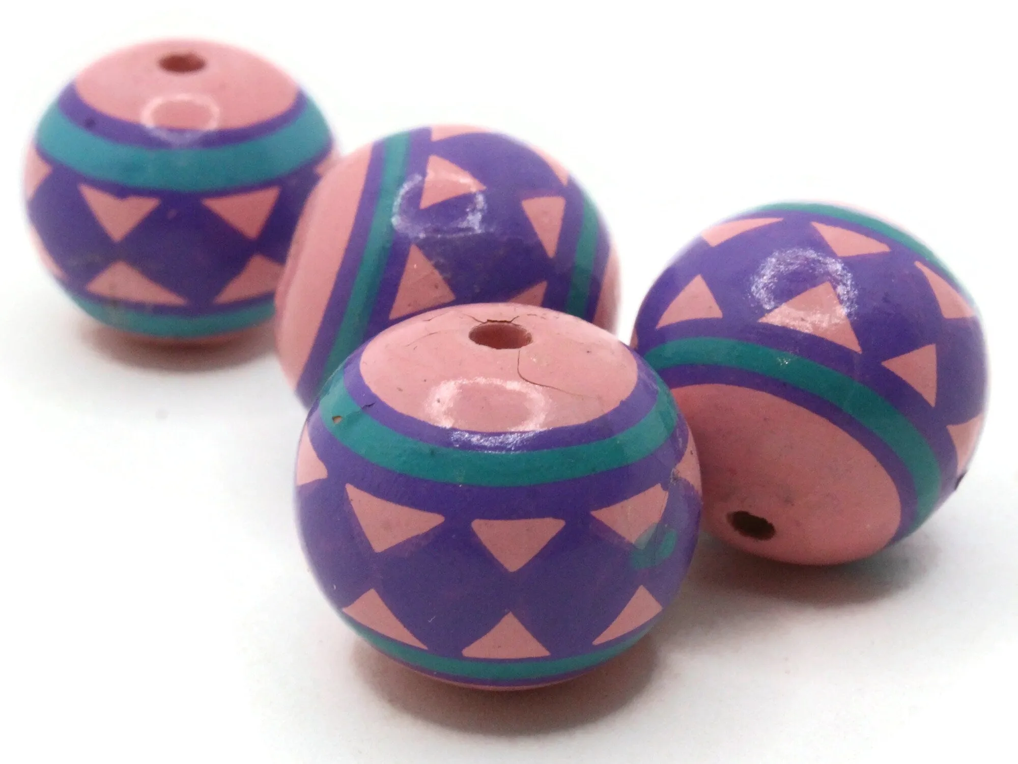 4 17mm Vintage Painted Pink Purple and Blue Round Peruvian Clay Beads