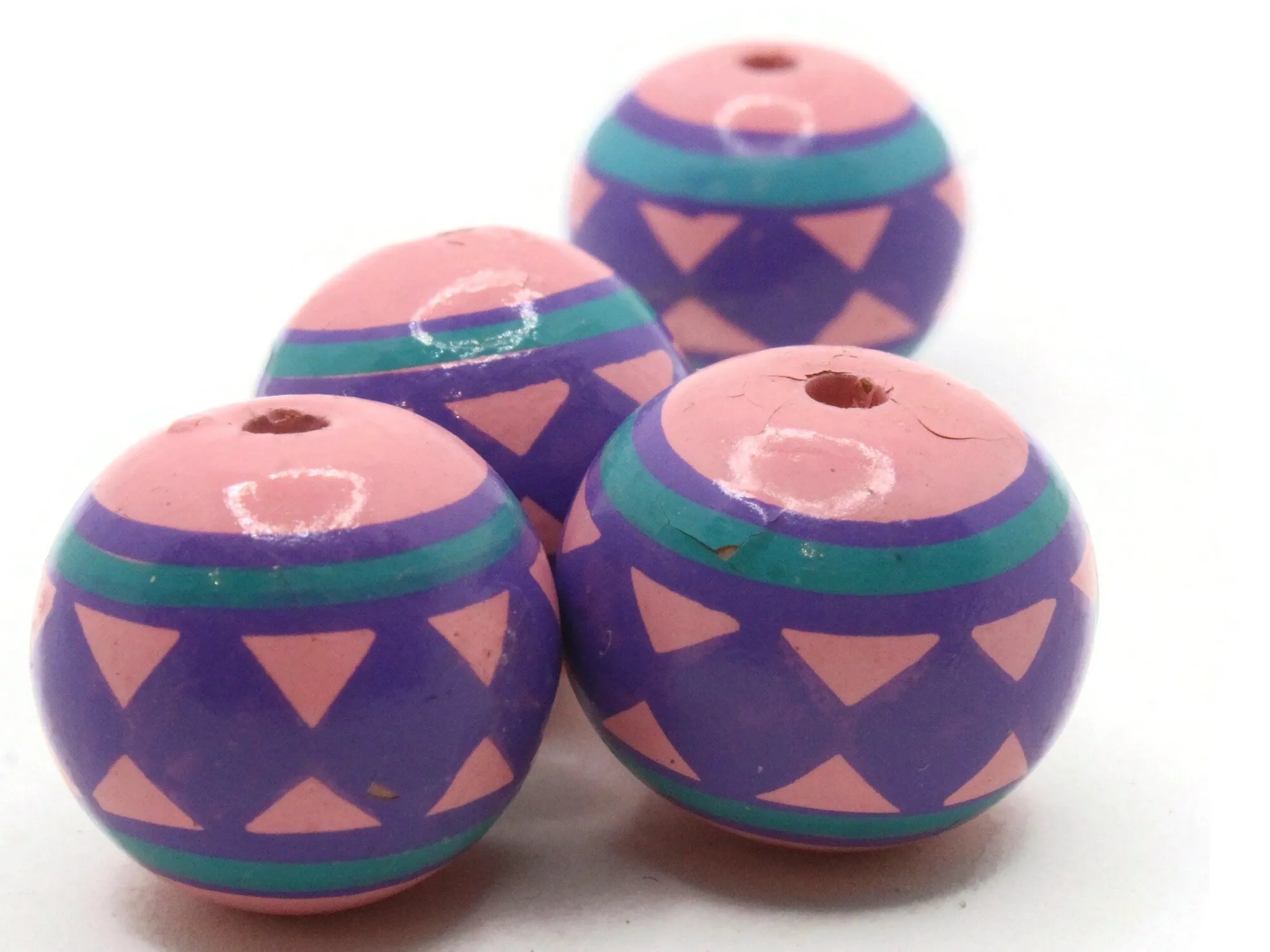 4 17mm Vintage Painted Pink Purple and Blue Round Peruvian Clay Beads
