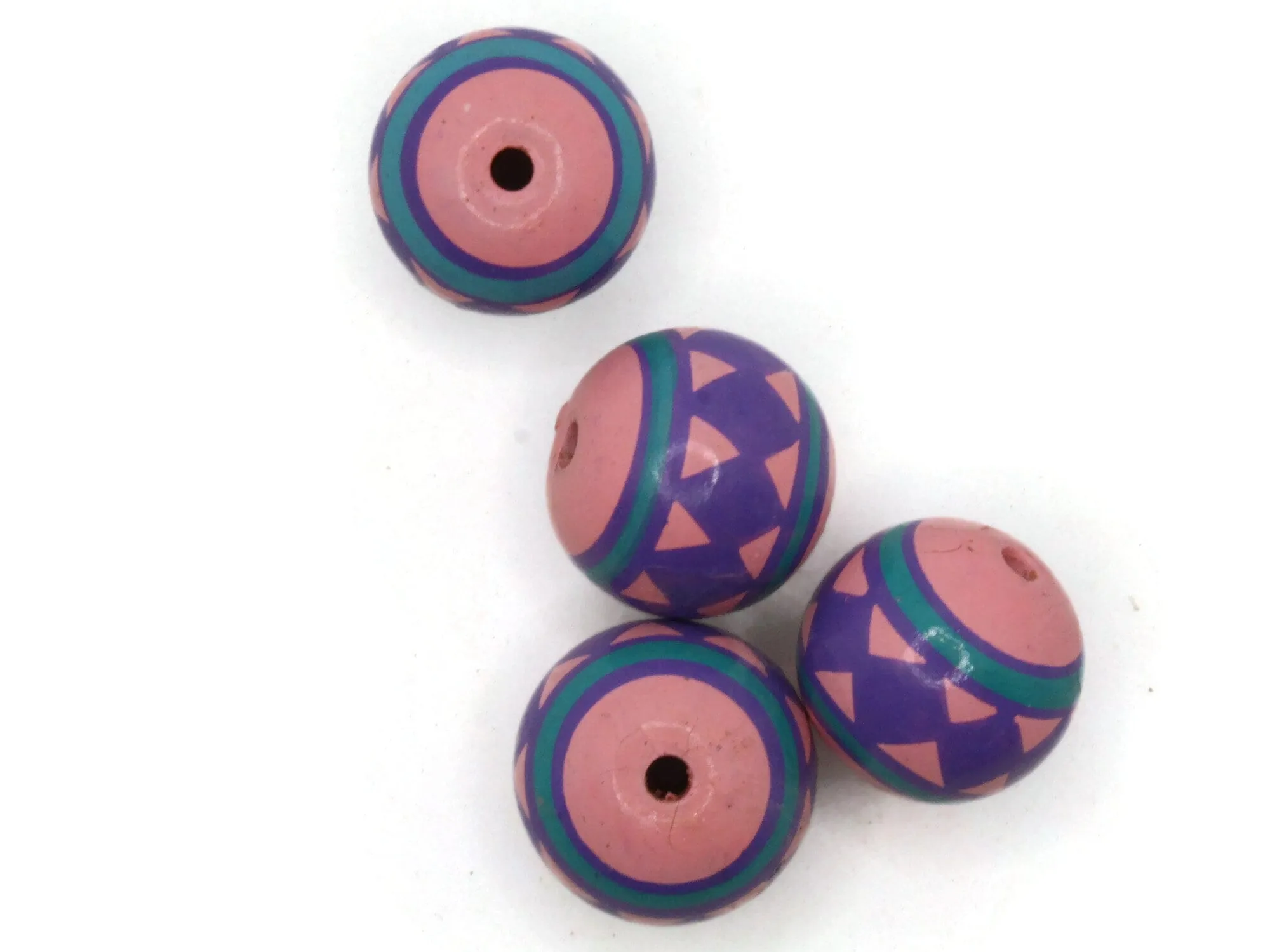 4 17mm Vintage Painted Pink Purple and Blue Round Peruvian Clay Beads