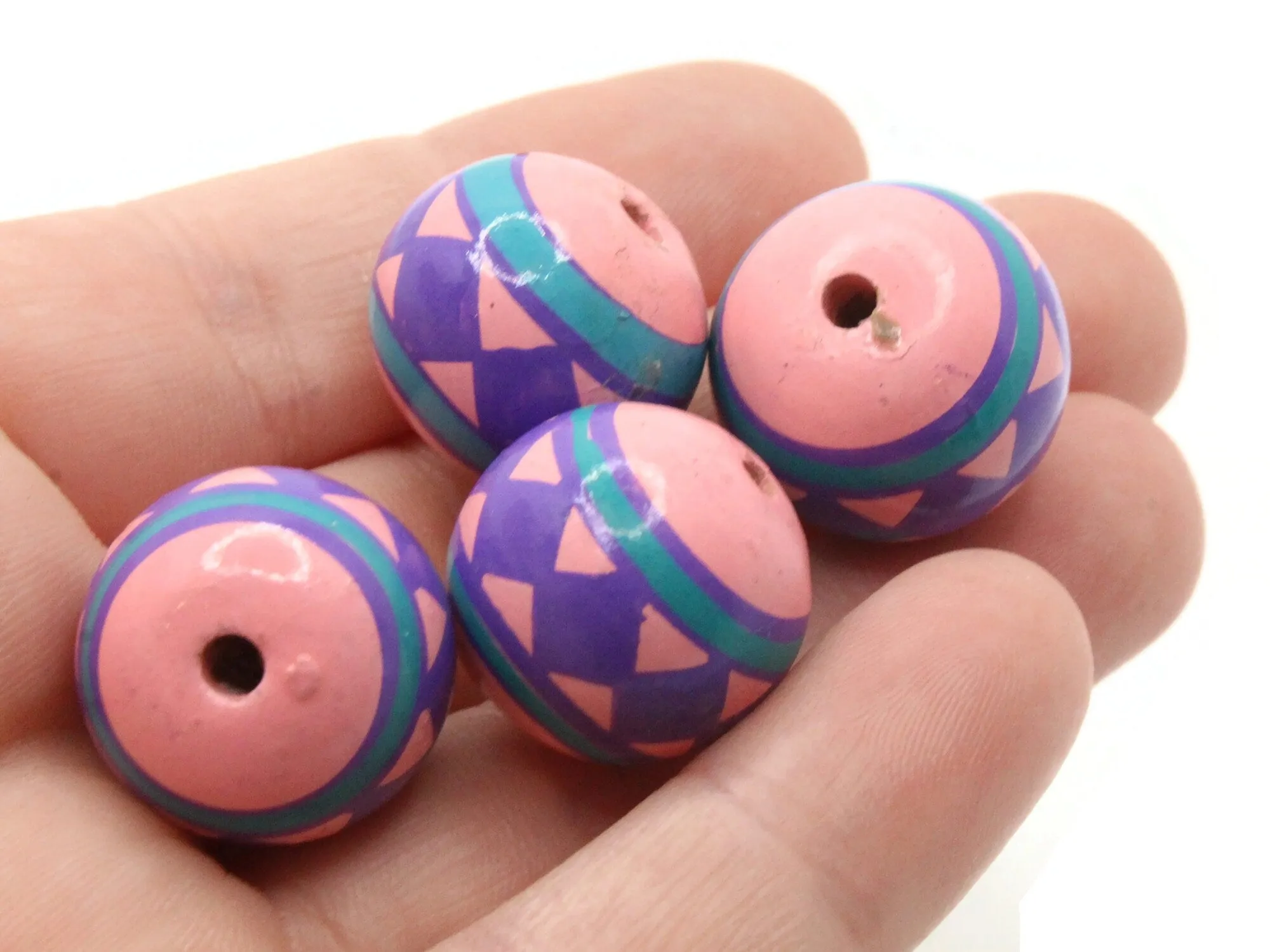 4 17mm Vintage Painted Pink Purple and Blue Round Peruvian Clay Beads