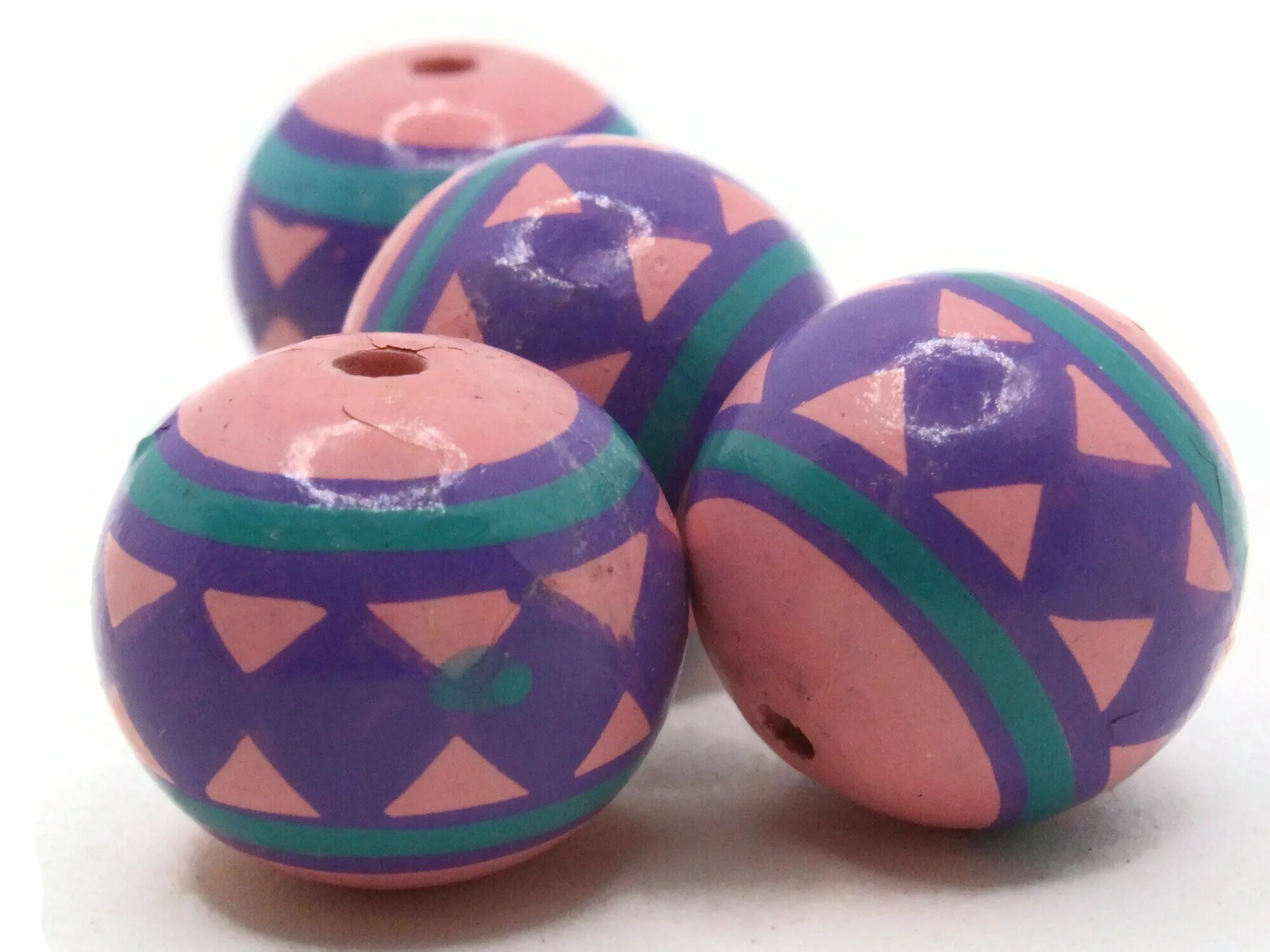 4 17mm Vintage Painted Pink Purple and Blue Round Peruvian Clay Beads