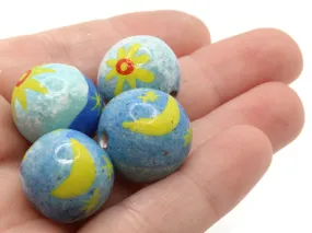 4 18mm Vintage Painted Blue with Sun and Moon Round Peruvian Clay Beads