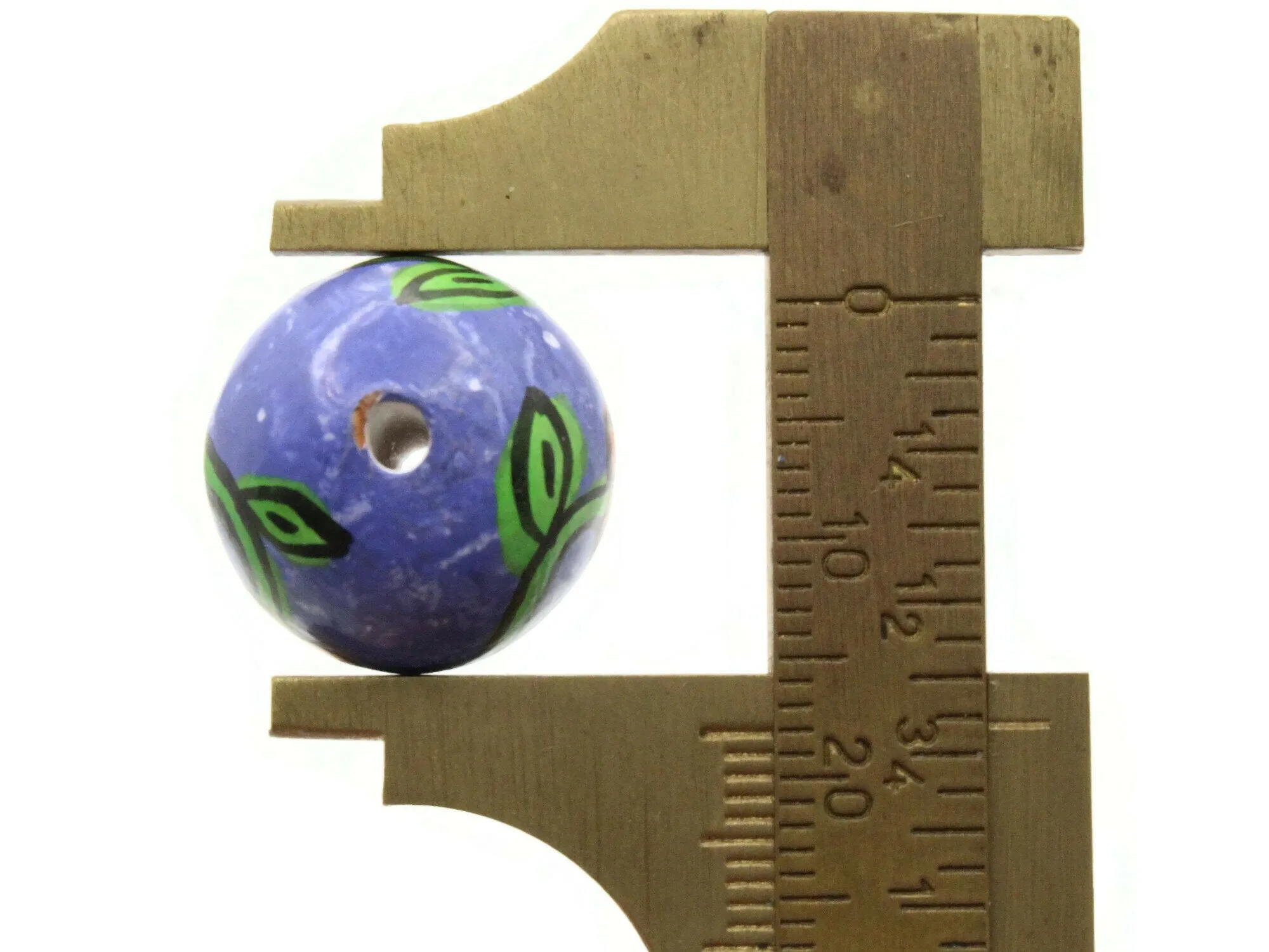 4 18mm Vintage Painted Purple with Orange Flower Round Peruvian Clay Beads