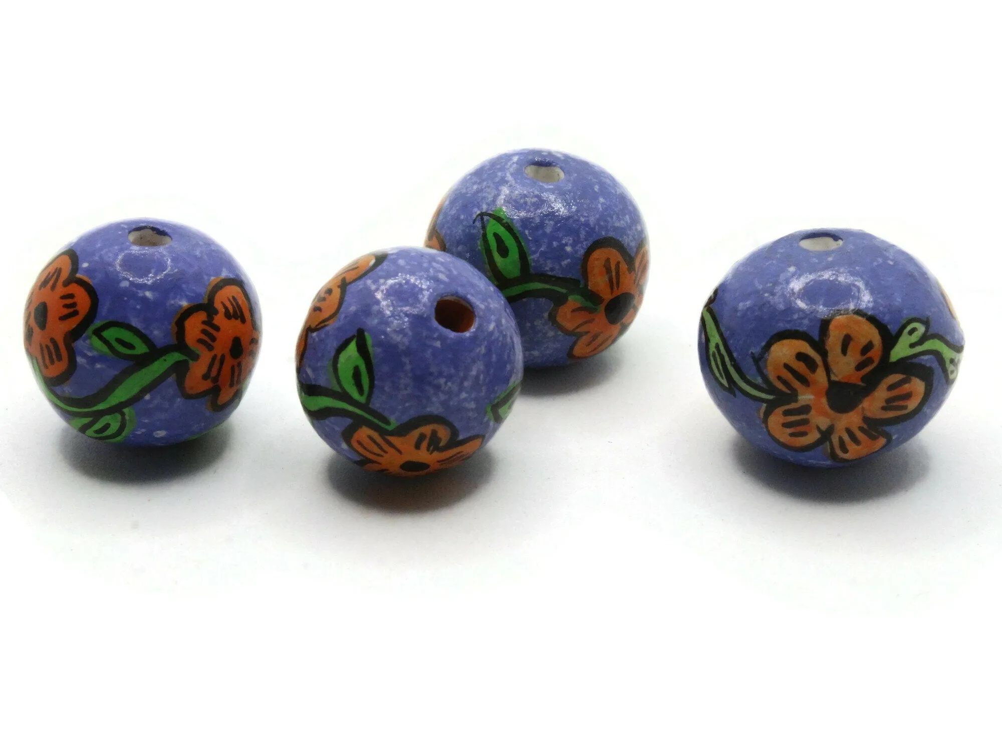 4 18mm Vintage Painted Purple with Orange Flower Round Peruvian Clay Beads