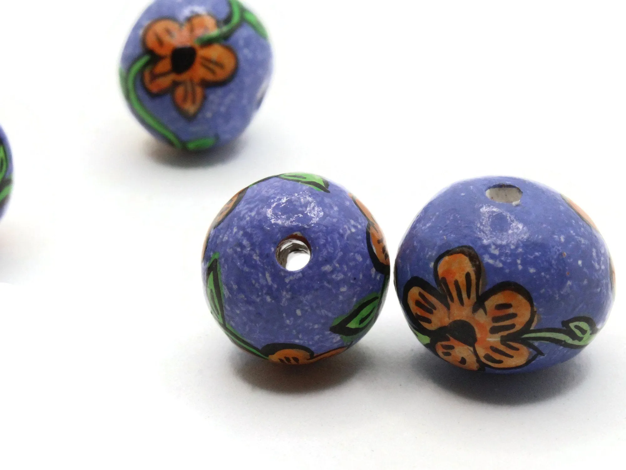 4 18mm Vintage Painted Purple with Orange Flower Round Peruvian Clay Beads