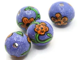 4 18mm Vintage Painted Purple with Orange Flower Round Peruvian Clay Beads