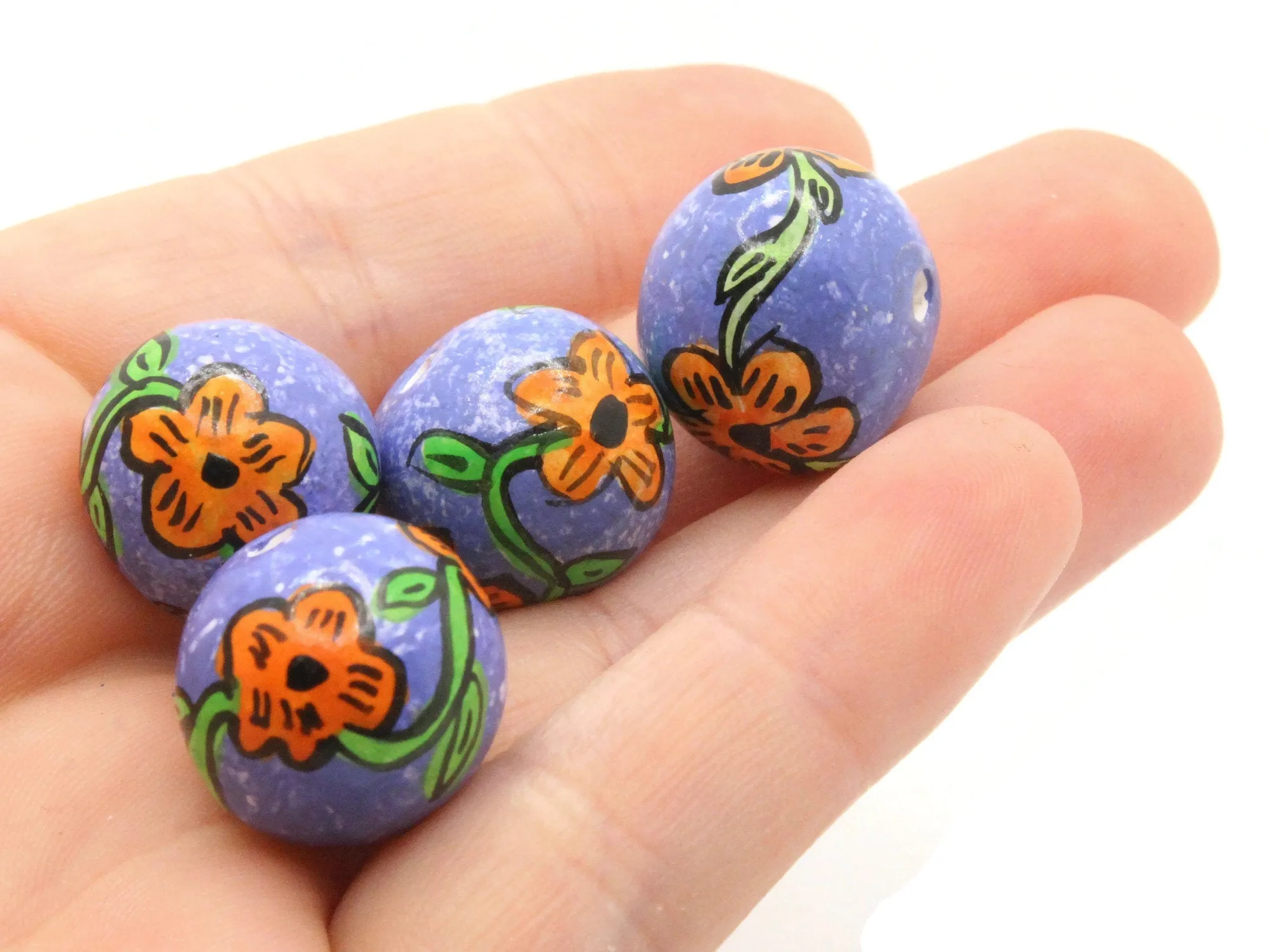 4 18mm Vintage Painted Purple with Orange Flower Round Peruvian Clay Beads