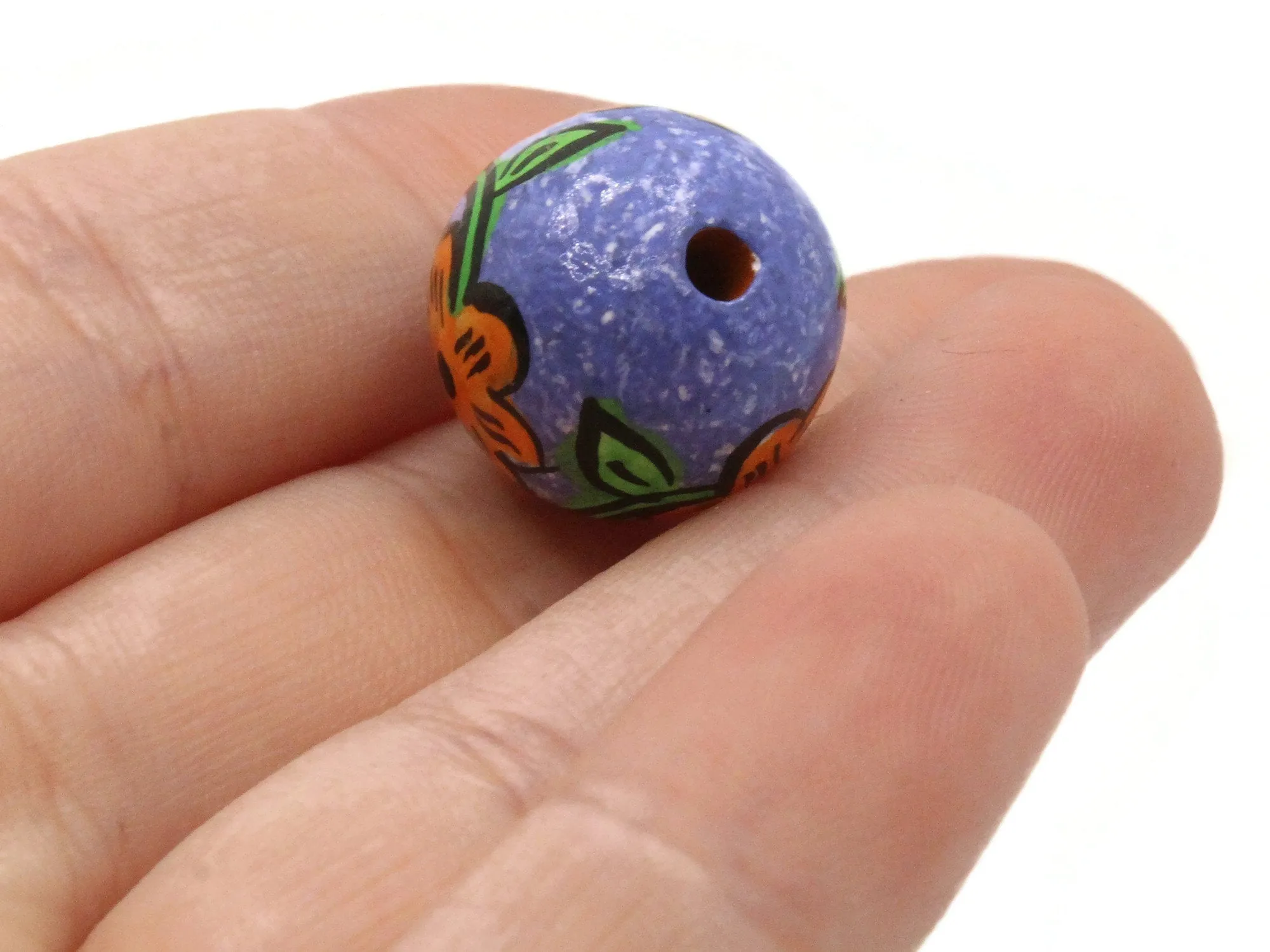 4 18mm Vintage Painted Purple with Orange Flower Round Peruvian Clay Beads