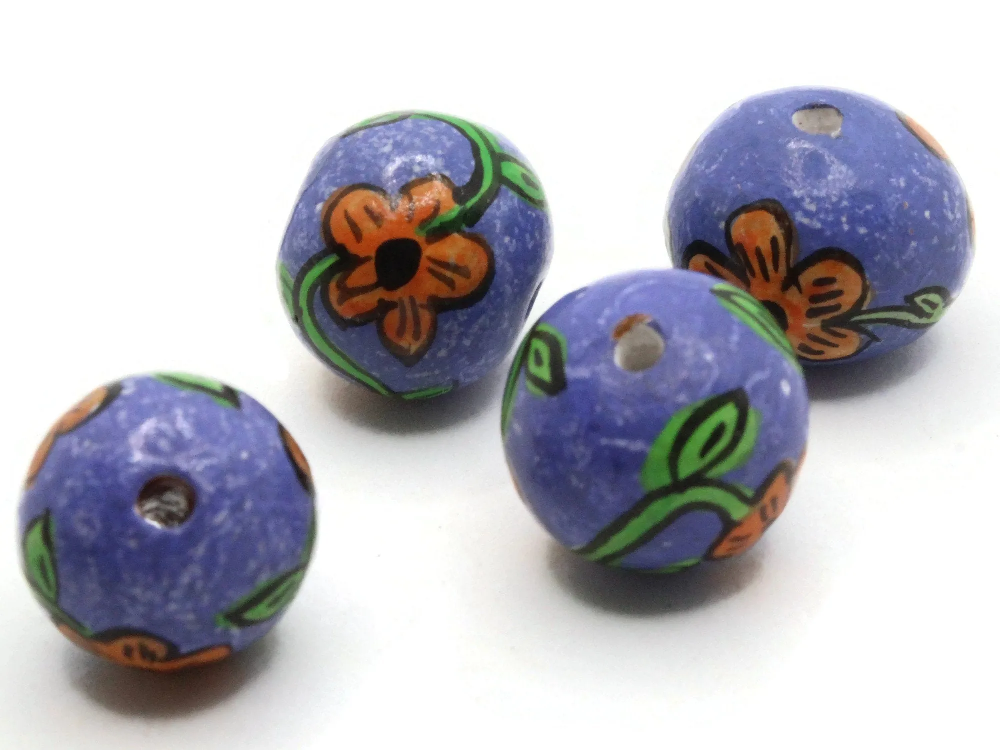 4 18mm Vintage Painted Purple with Orange Flower Round Peruvian Clay Beads