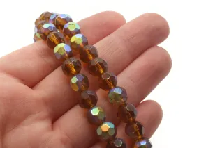 40 8mm Brown Faceted Round Glass Beads with AB finish