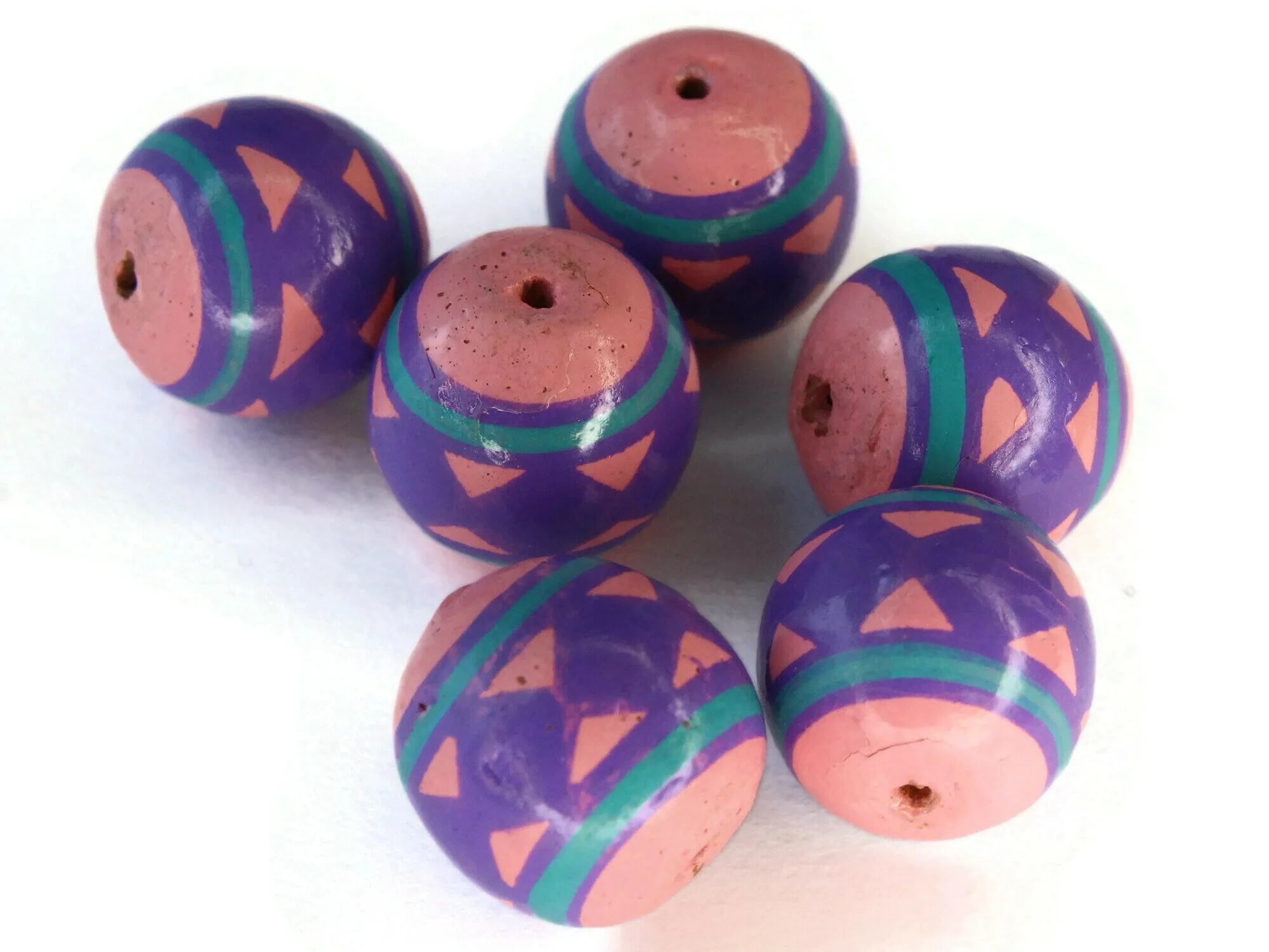 5 13mm Vintage Painted  Peruvian Clay Pink Purple and Blue Round Beads