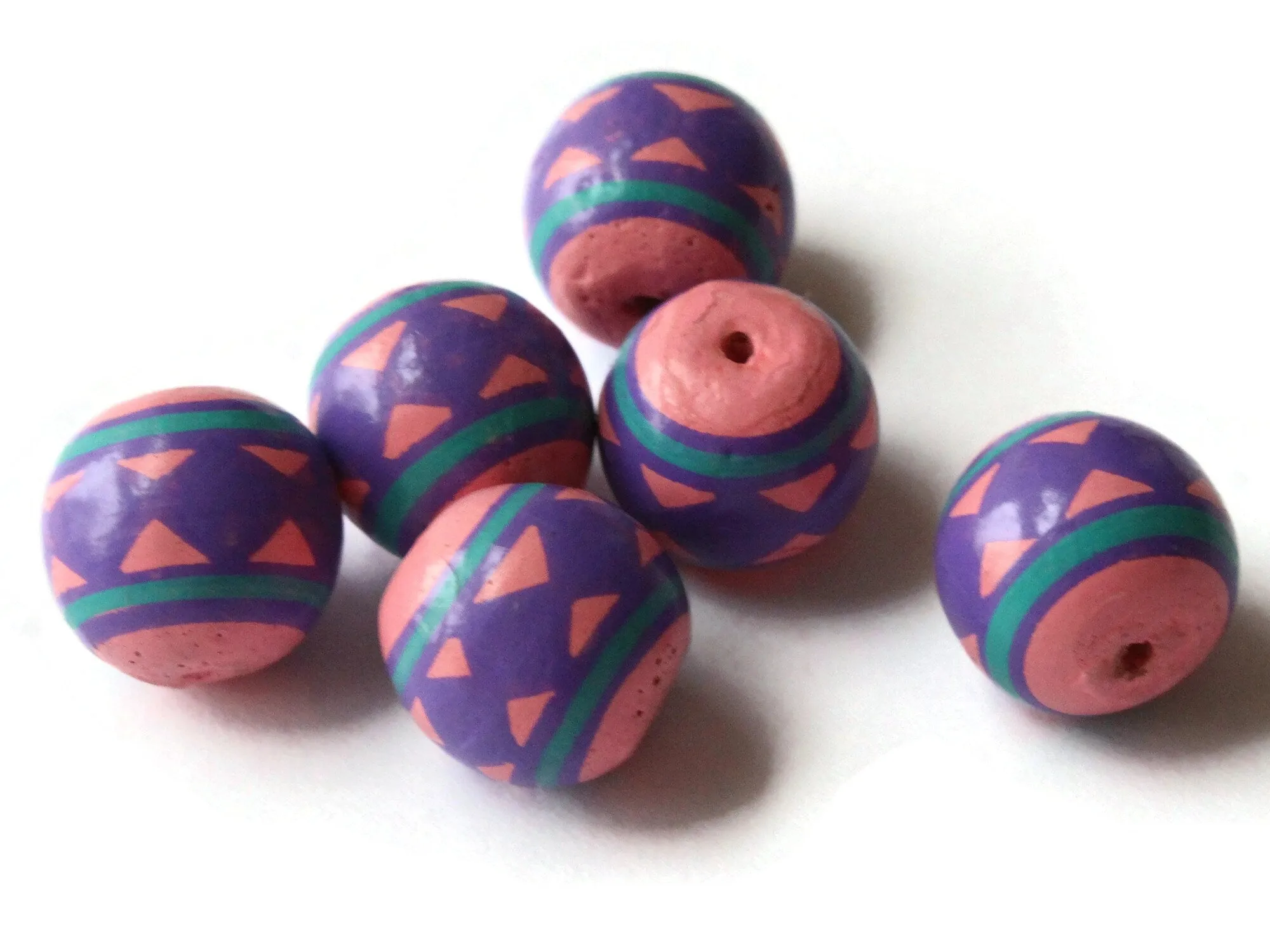 5 13mm Vintage Painted  Peruvian Clay Pink Purple and Blue Round Beads