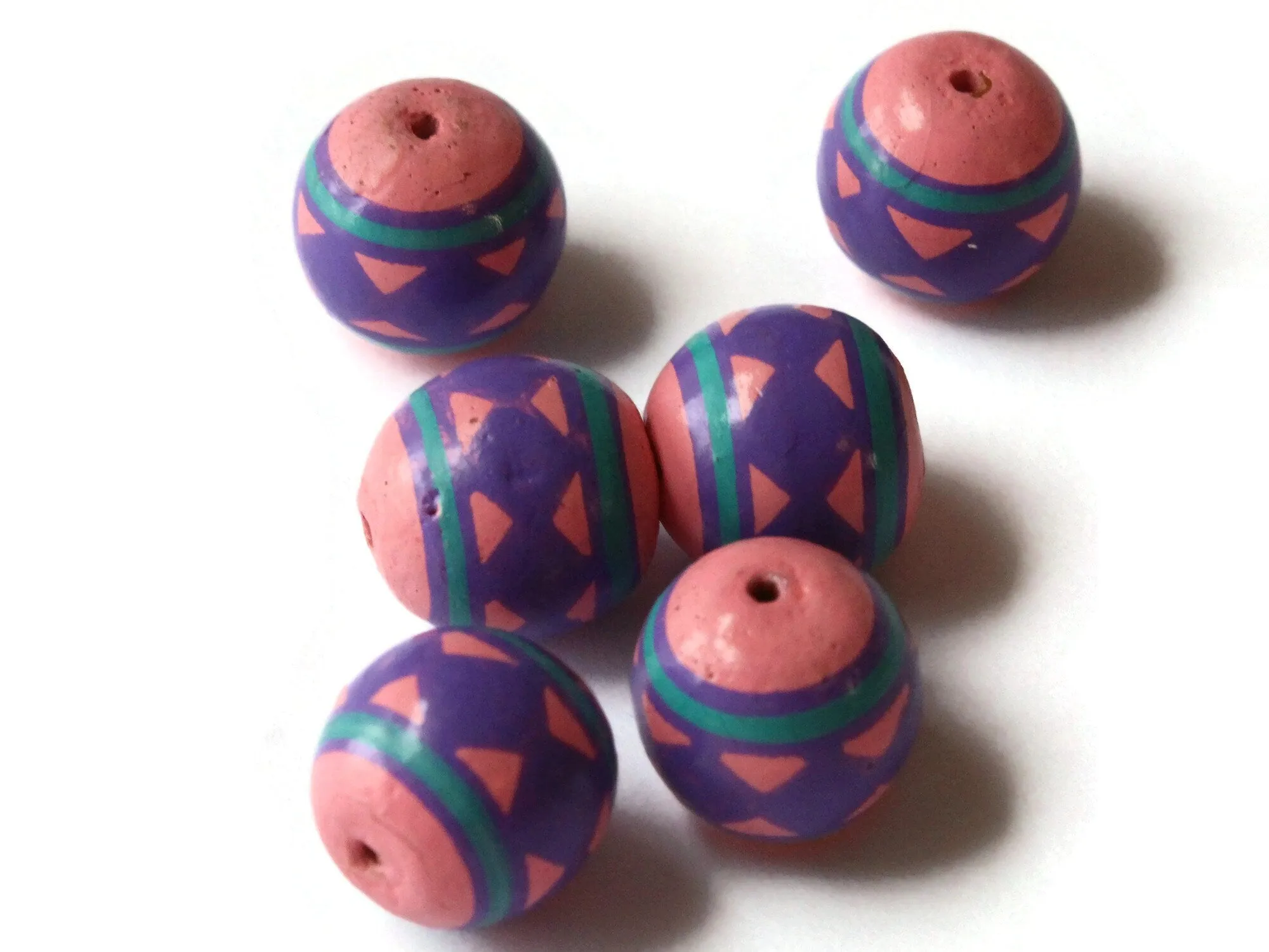 5 13mm Vintage Painted  Peruvian Clay Pink Purple and Blue Round Beads