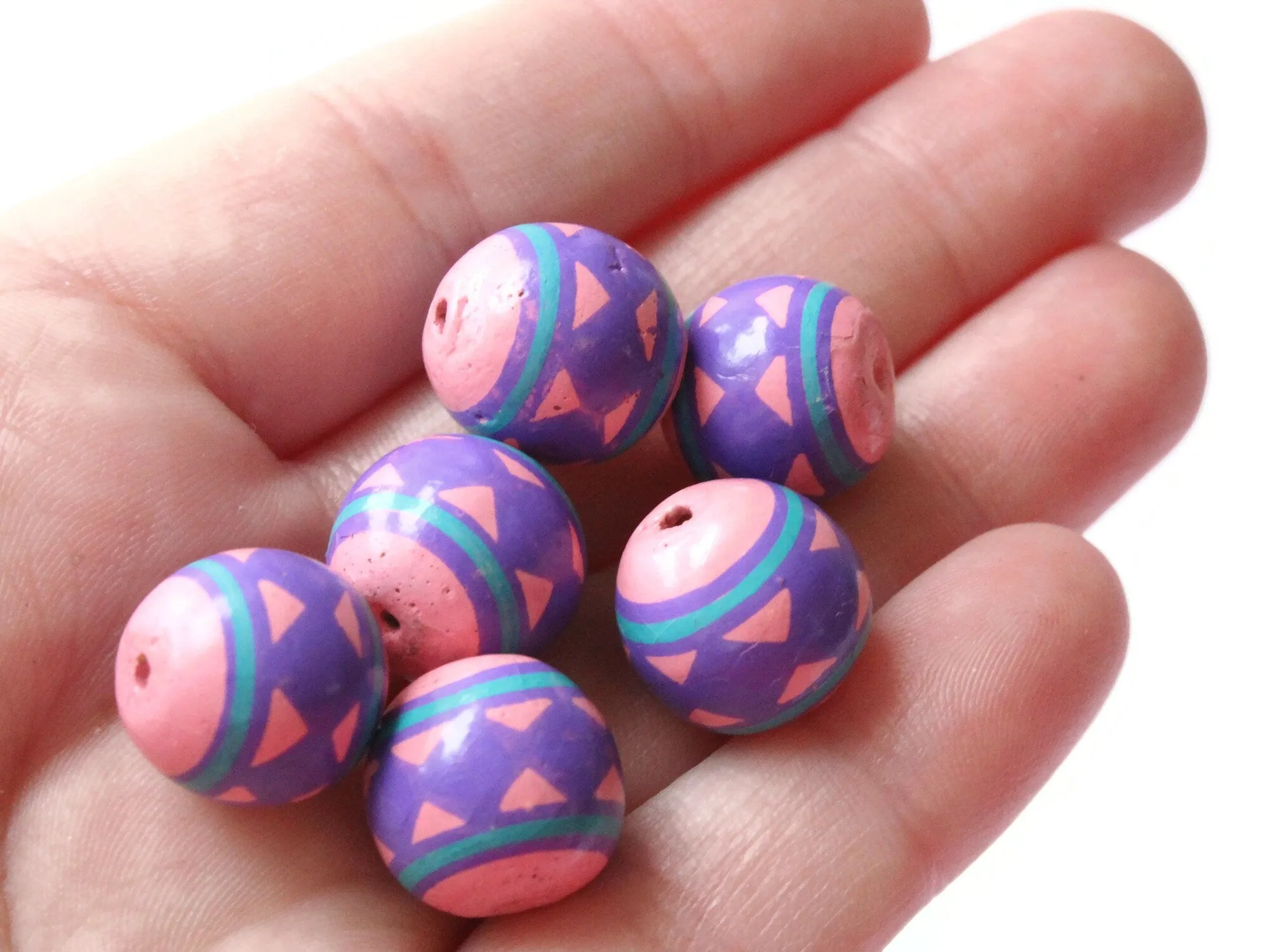5 13mm Vintage Painted  Peruvian Clay Pink Purple and Blue Round Beads