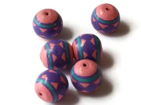 5 13mm Vintage Painted  Peruvian Clay Pink Purple and Blue Round Beads