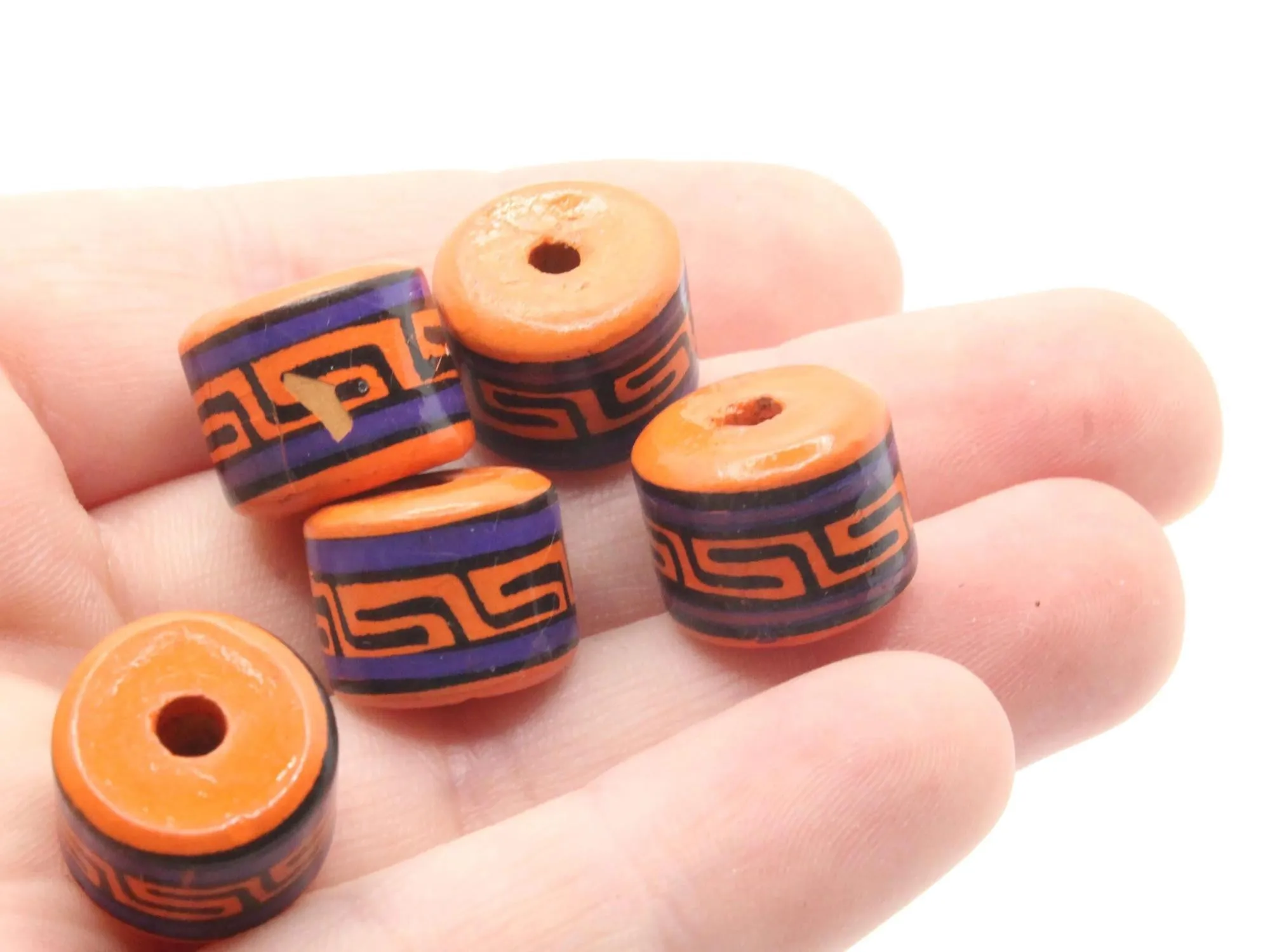 5 14mm Vintage Painted Clay Orange Purple and Black Patterned Disc Peruvian Clay Beads