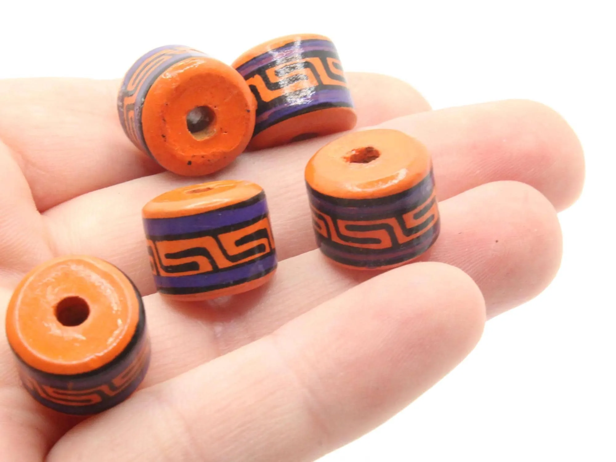 5 14mm Vintage Painted Clay Orange Purple and Black Patterned Disc Peruvian Clay Beads