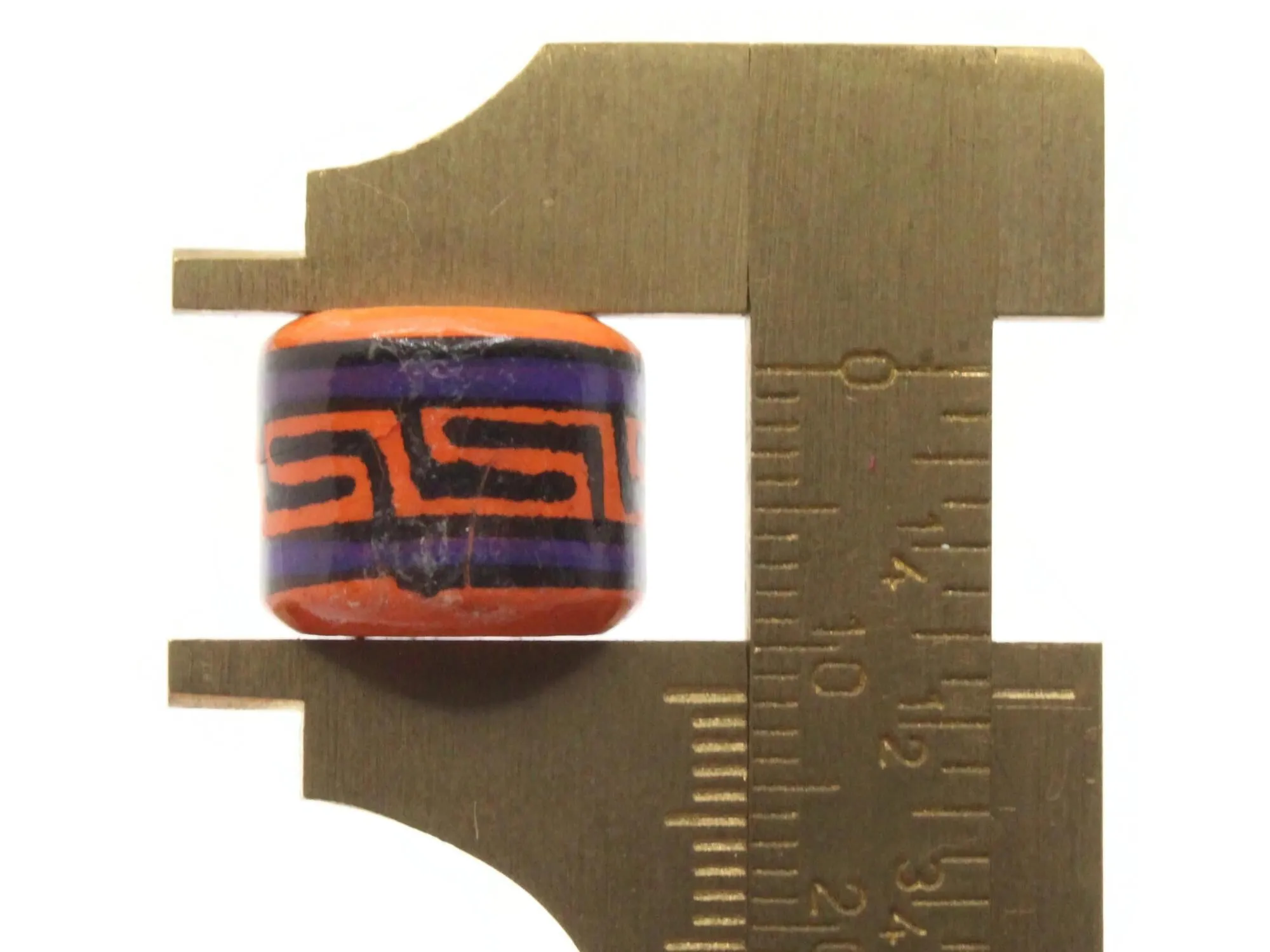 5 14mm Vintage Painted Clay Orange Purple and Black Patterned Disc Peruvian Clay Beads