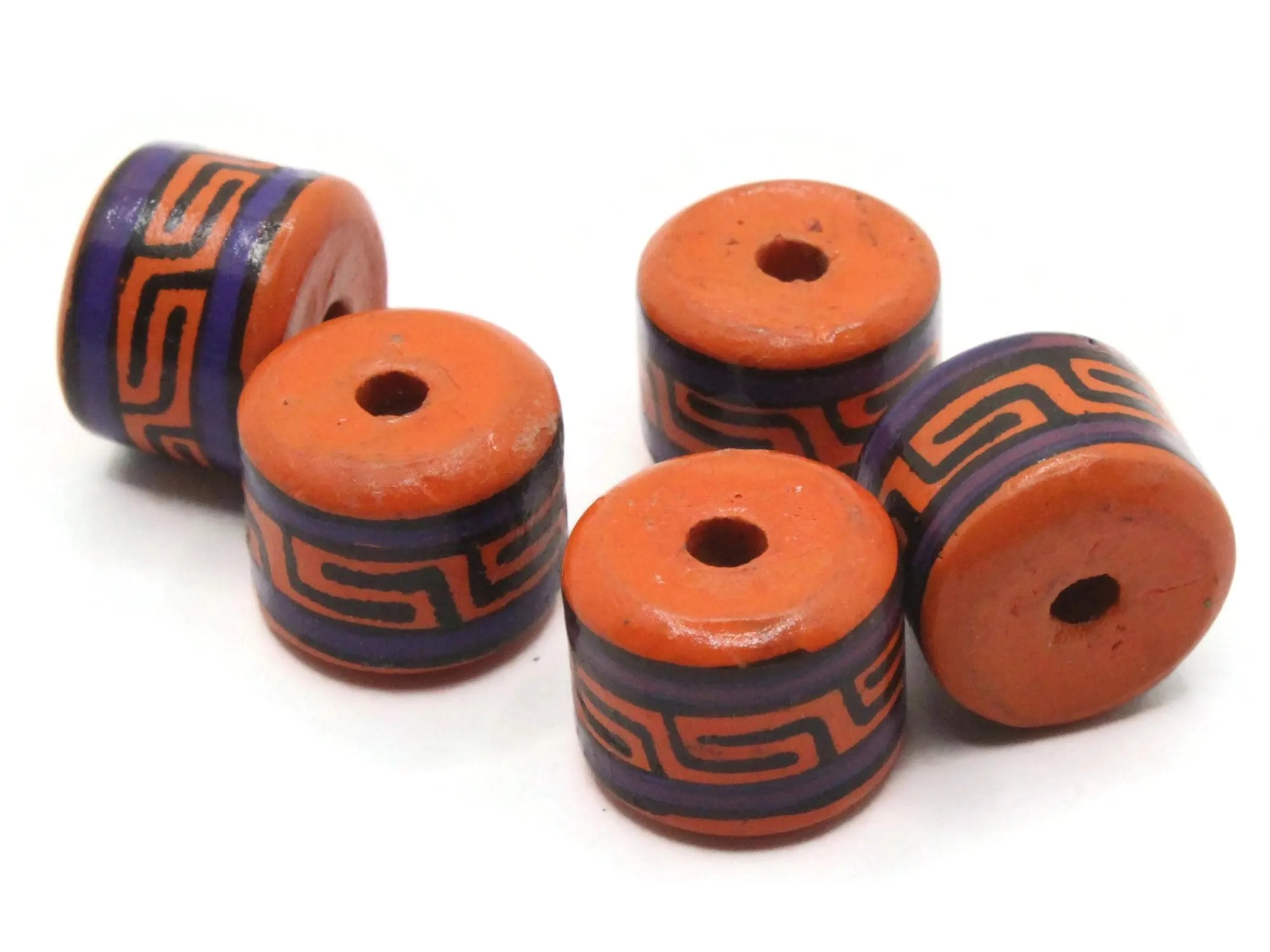 5 14mm Vintage Painted Clay Orange Purple and Black Patterned Disc Peruvian Clay Beads