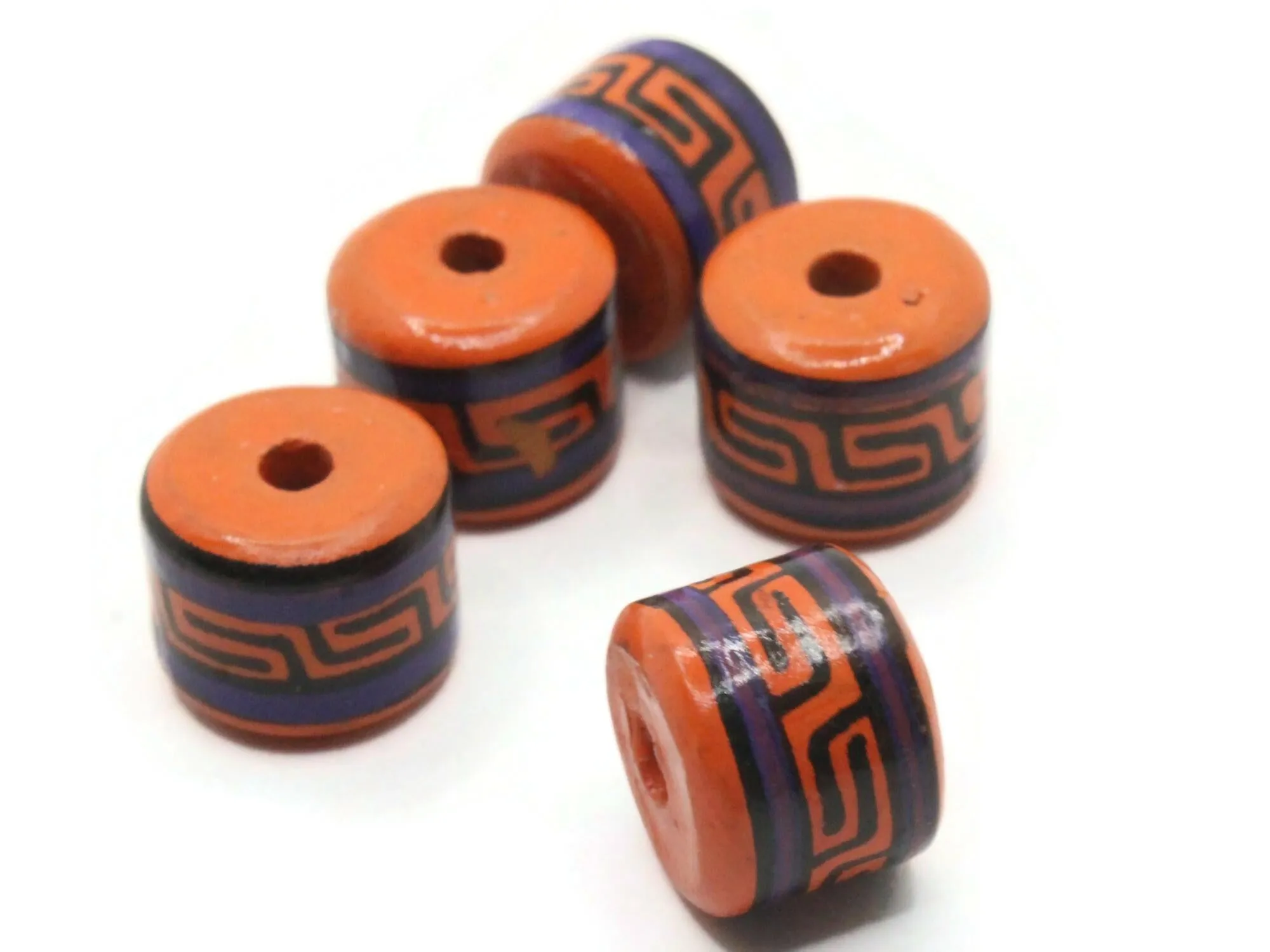 5 14mm Vintage Painted Clay Orange Purple and Black Patterned Disc Peruvian Clay Beads