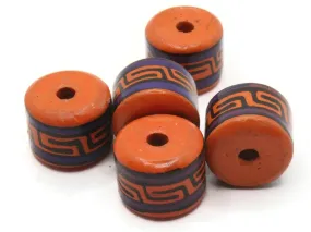 5 14mm Vintage Painted Clay Orange Purple and Black Patterned Disc Peruvian Clay Beads