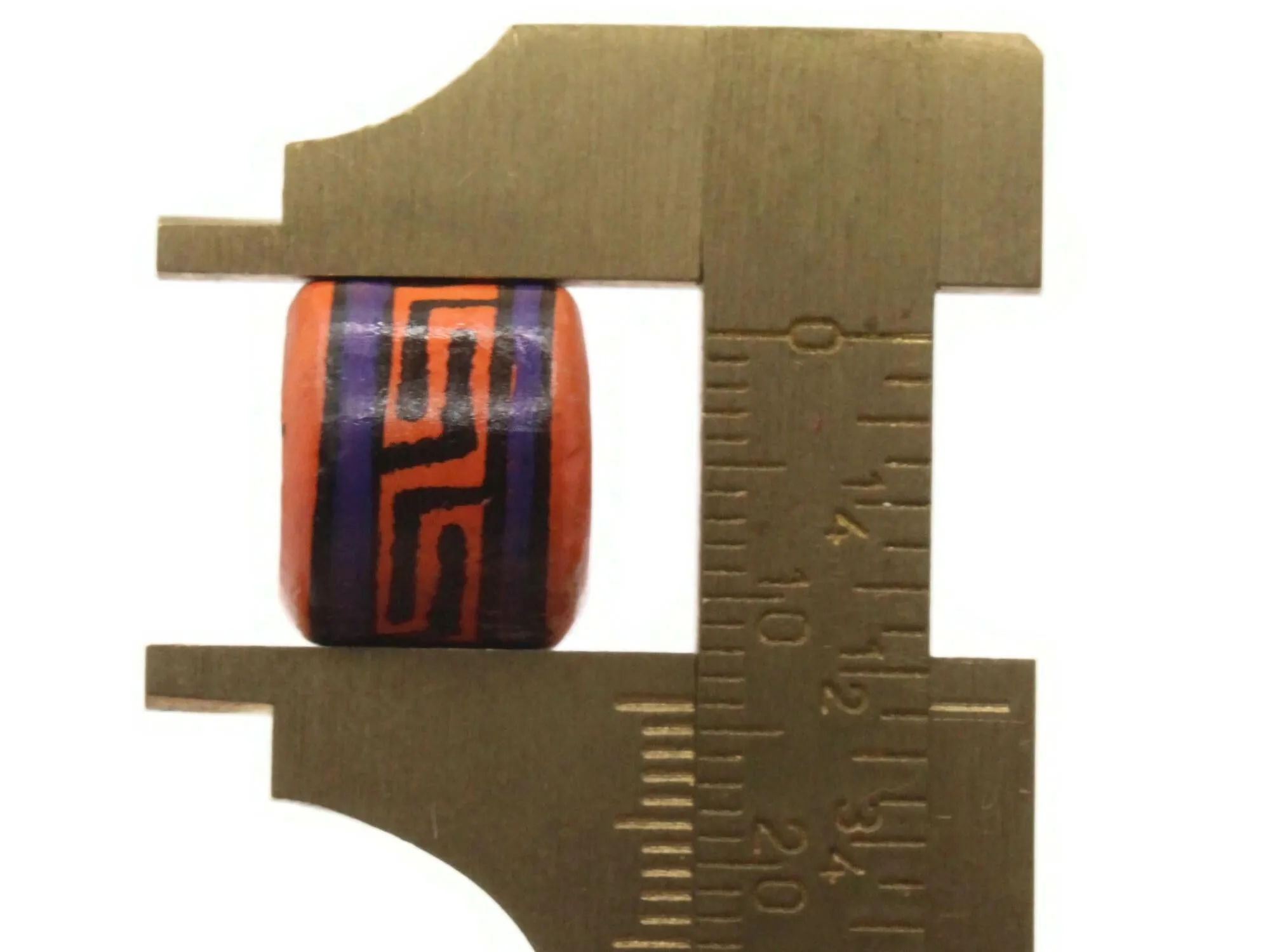 5 14mm Vintage Painted Clay Orange Purple and Black Patterned Disc Peruvian Clay Beads