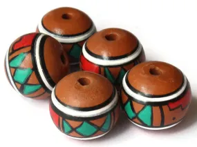 5 15mm Vintage Painted Brown and Multicolor Rondelle Peruvian Clay Beads
