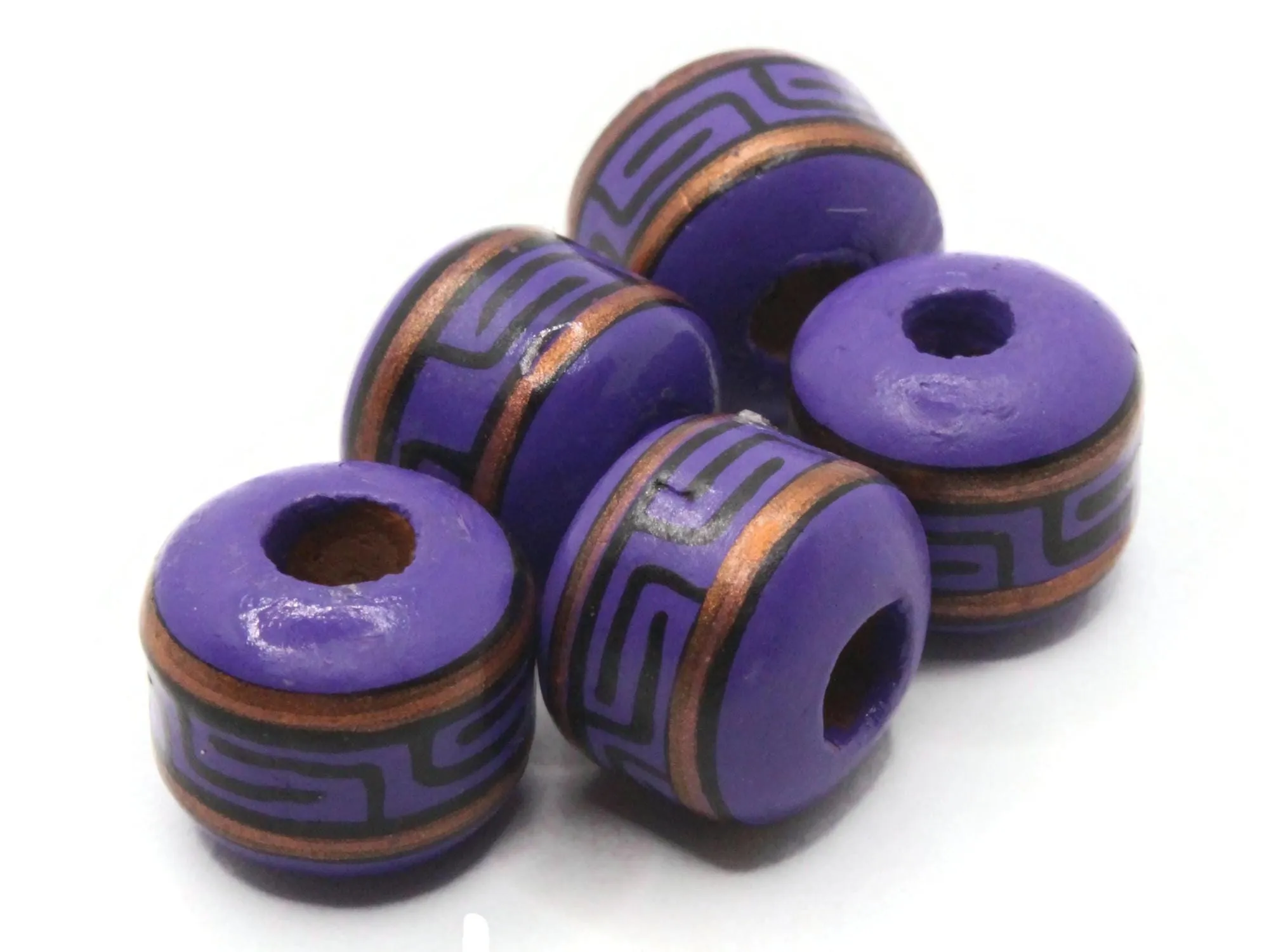 5 15mm Vintage Painted Clay Beads Purple Copper and Black Patterned Tube Peruvian Clay Beads