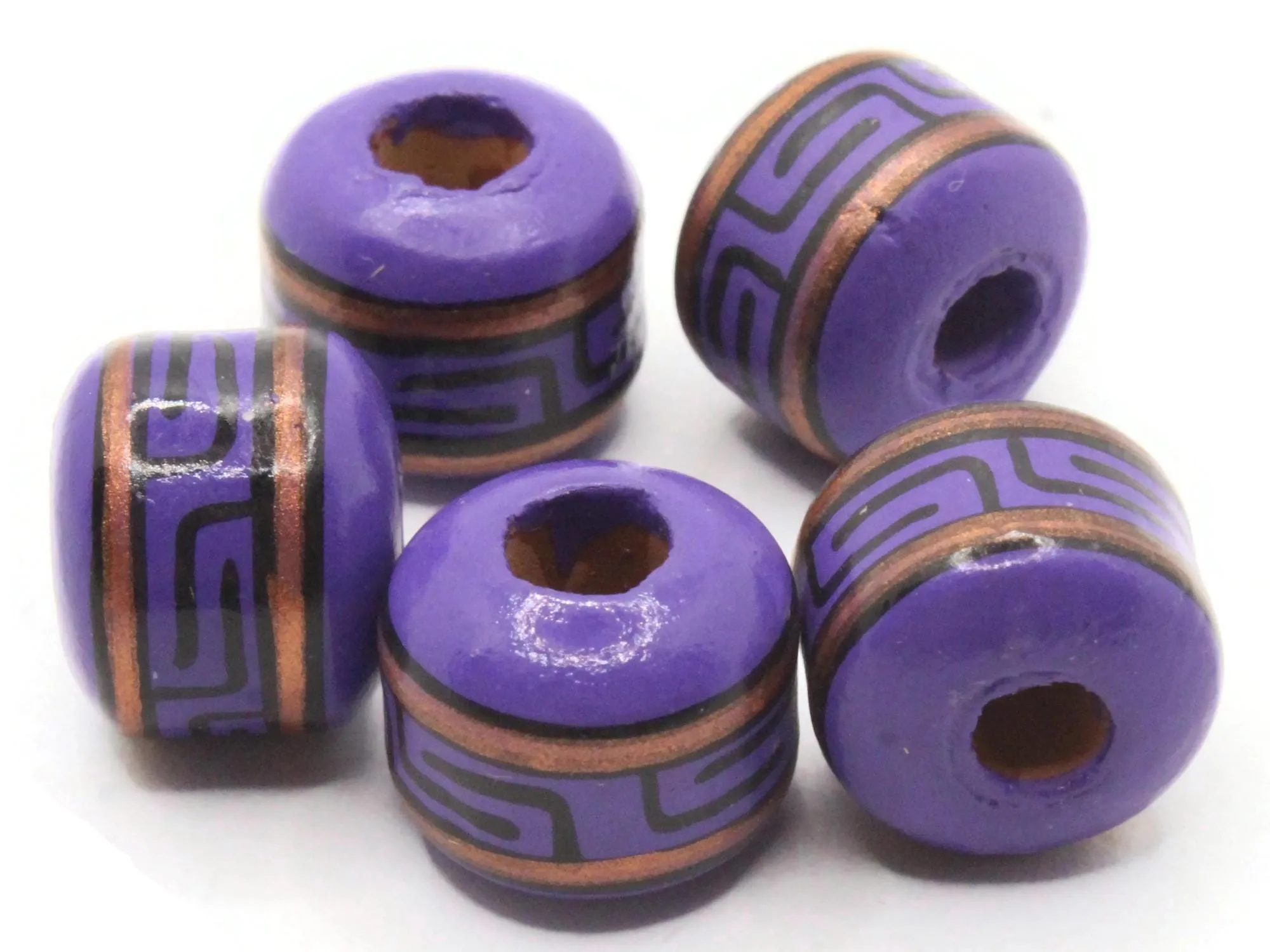 5 15mm Vintage Painted Clay Beads Purple Copper and Black Patterned Tube Peruvian Clay Beads