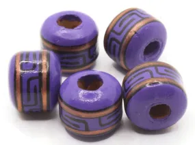 5 15mm Vintage Painted Clay Beads Purple Copper and Black Patterned Tube Peruvian Clay Beads