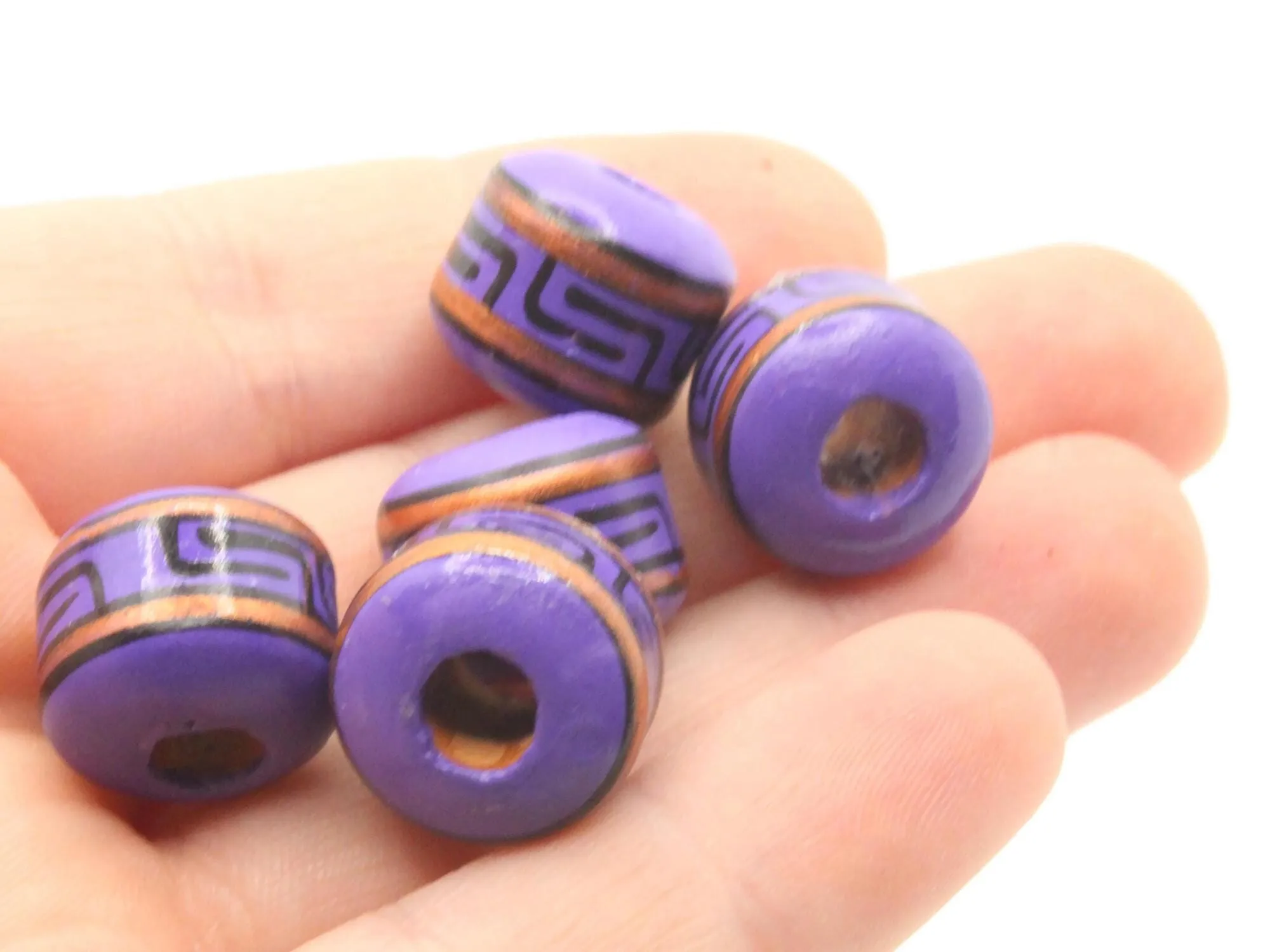 5 15mm Vintage Painted Clay Beads Purple Copper and Black Patterned Tube Peruvian Clay Beads