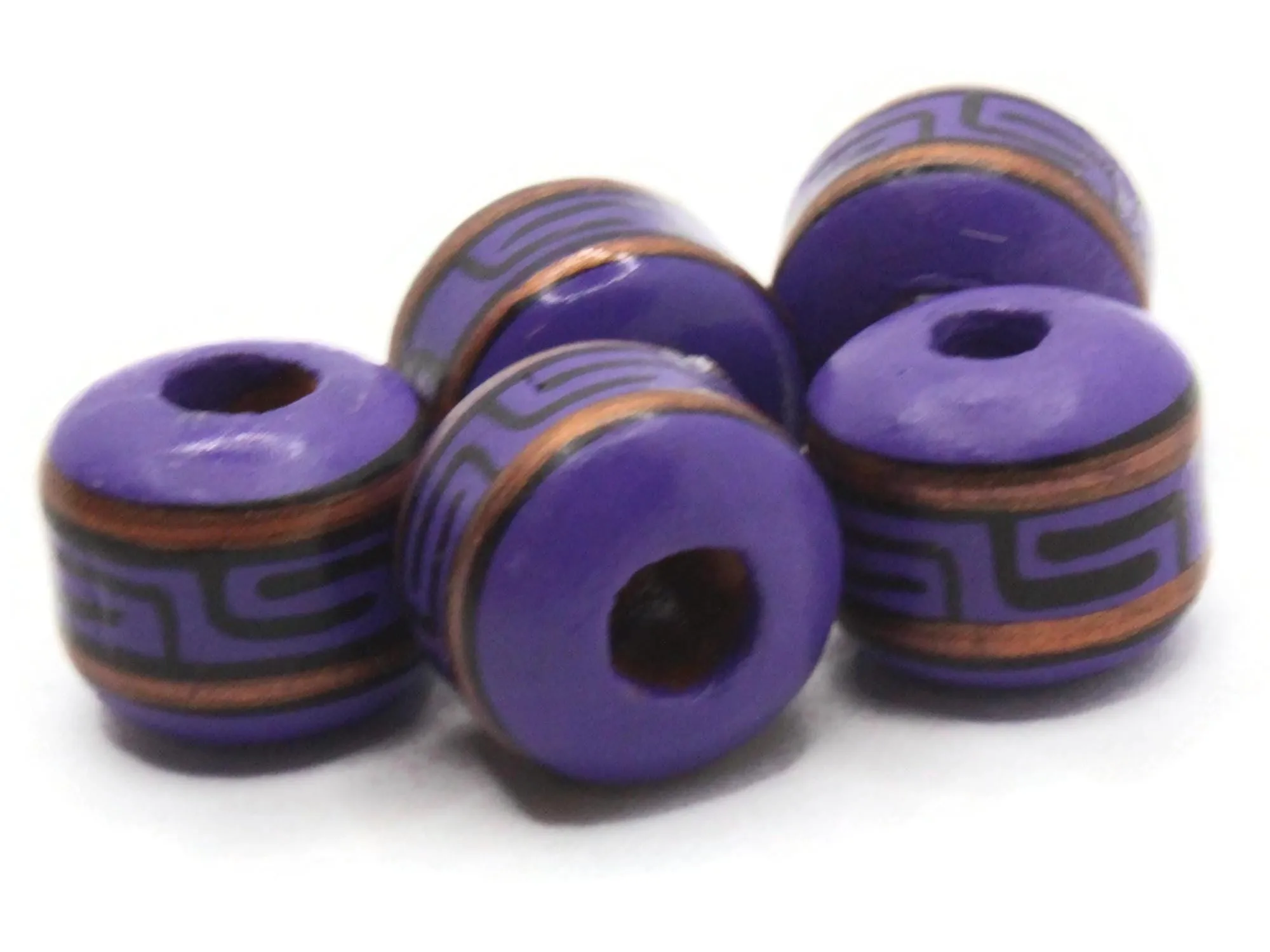 5 15mm Vintage Painted Clay Beads Purple Copper and Black Patterned Tube Peruvian Clay Beads