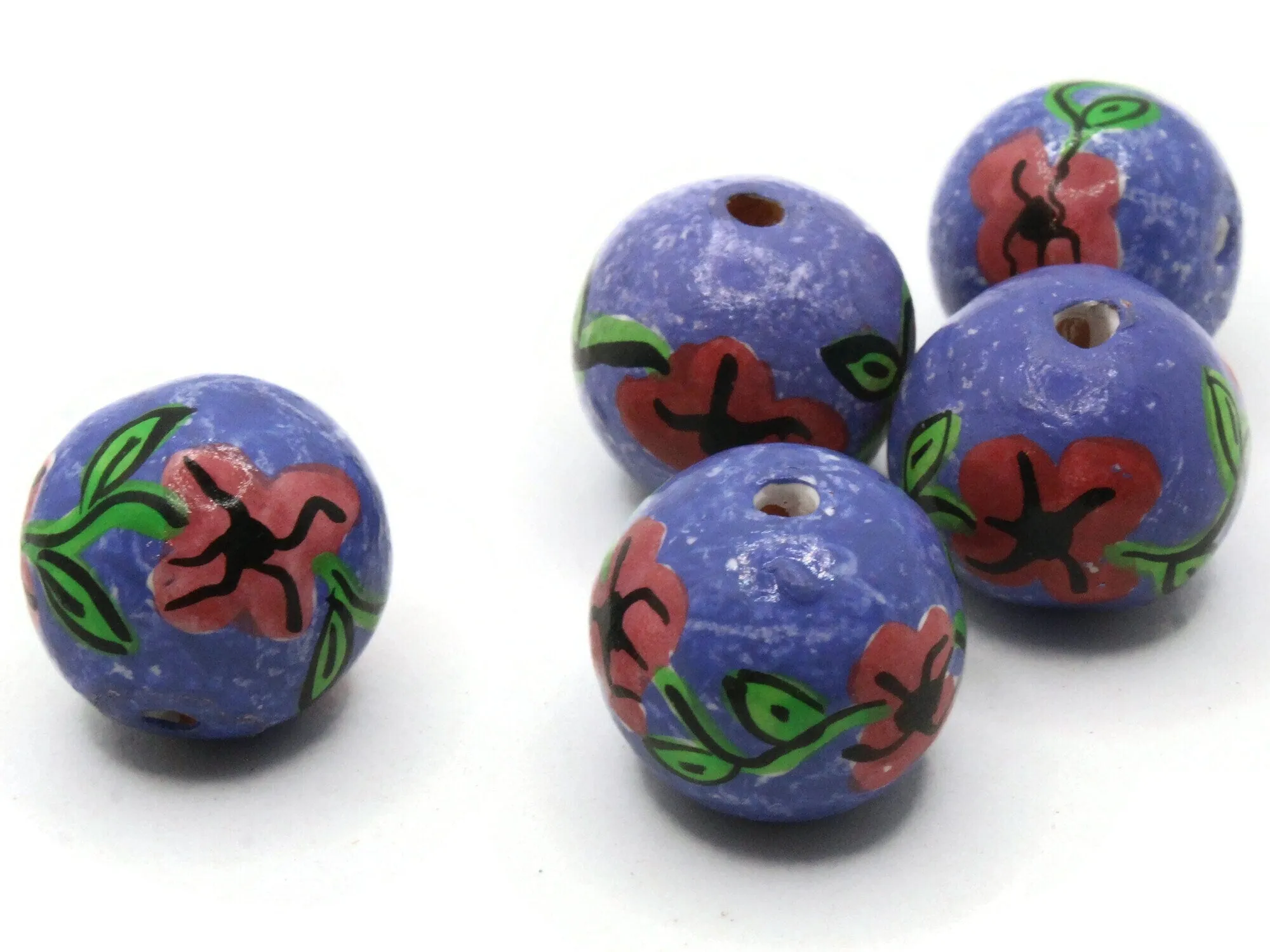 5 18mm Vintage Painted Clay Purple with Pink Round Flower Peruvian Clay Beads