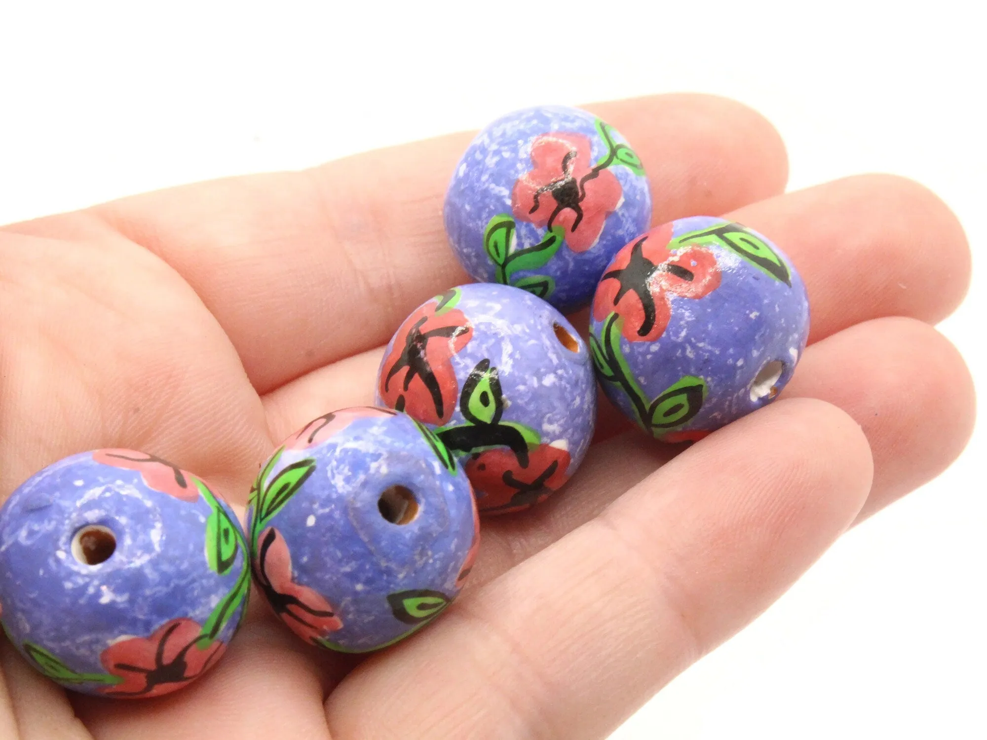 5 18mm Vintage Painted Clay Purple with Pink Round Flower Peruvian Clay Beads