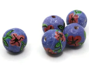 5 18mm Vintage Painted Clay Purple with Pink Round Flower Peruvian Clay Beads