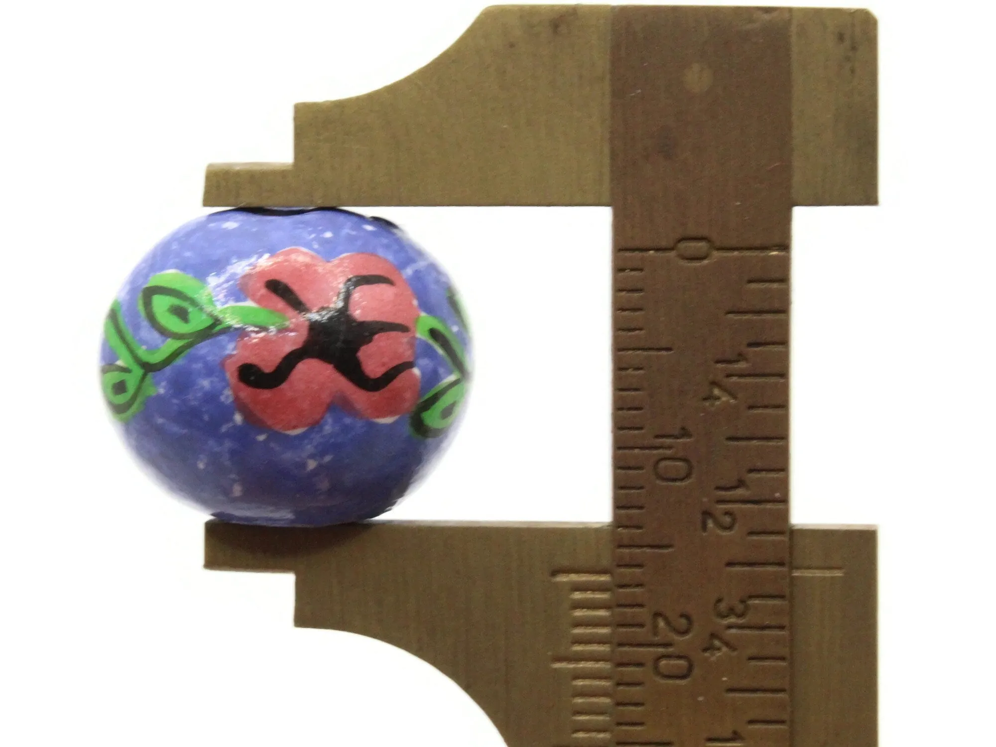 5 18mm Vintage Painted Clay Purple with Pink Round Flower Peruvian Clay Beads