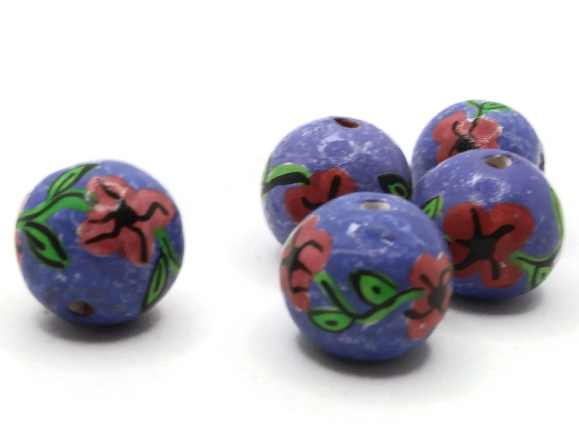 5 18mm Vintage Painted Clay Purple with Pink Round Flower Peruvian Clay Beads