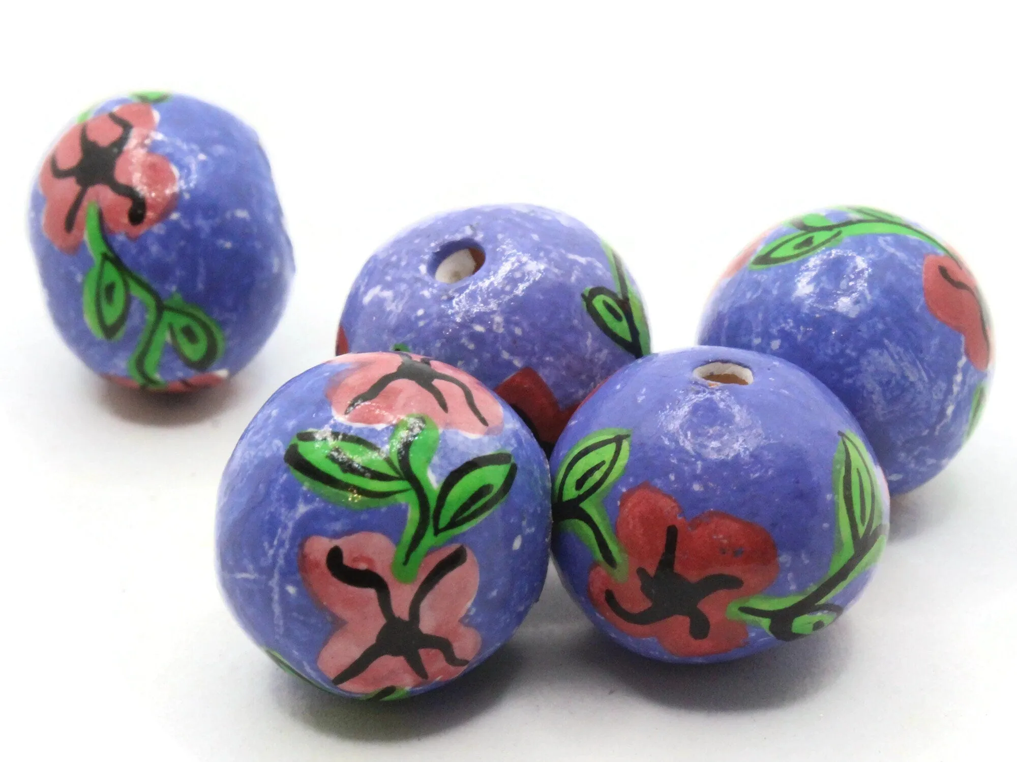 5 18mm Vintage Painted Clay Purple with Pink Round Flower Peruvian Clay Beads