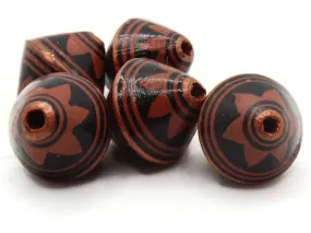5 21mm Vintage Painted Brown Copper and Black Patterned Bicone Peruvian Clay Beads