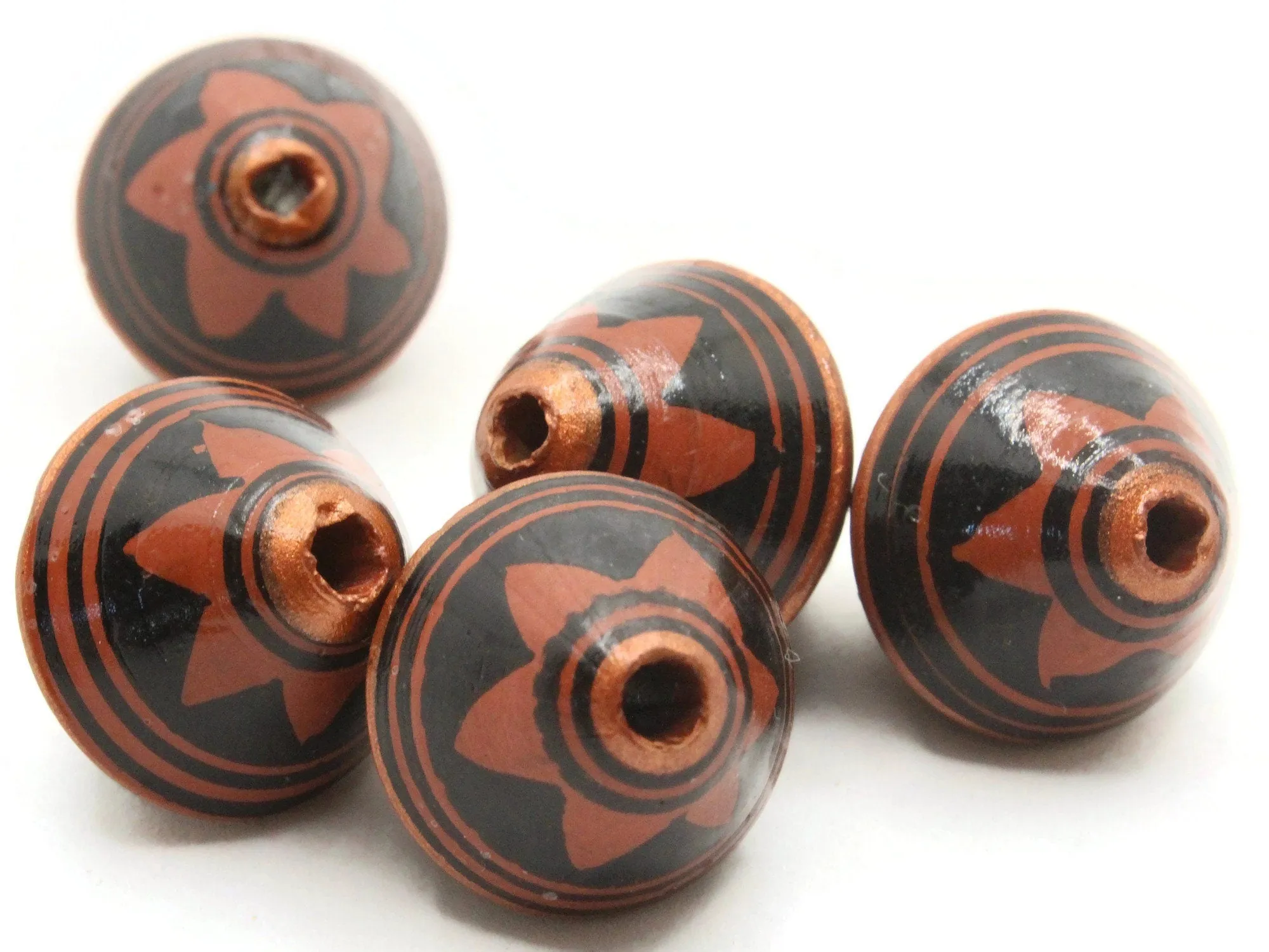 5 21mm Vintage Painted Brown Copper and Black Patterned Bicone Peruvian Clay Beads