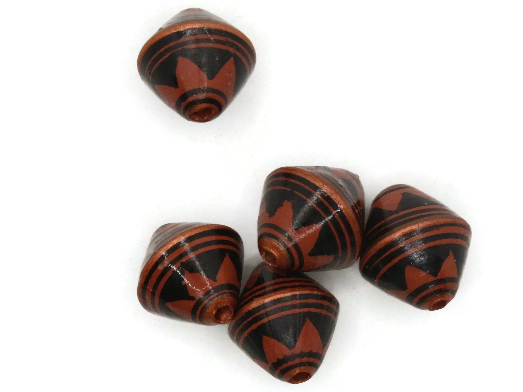 5 21mm Vintage Painted Brown Copper and Black Patterned Bicone Peruvian Clay Beads