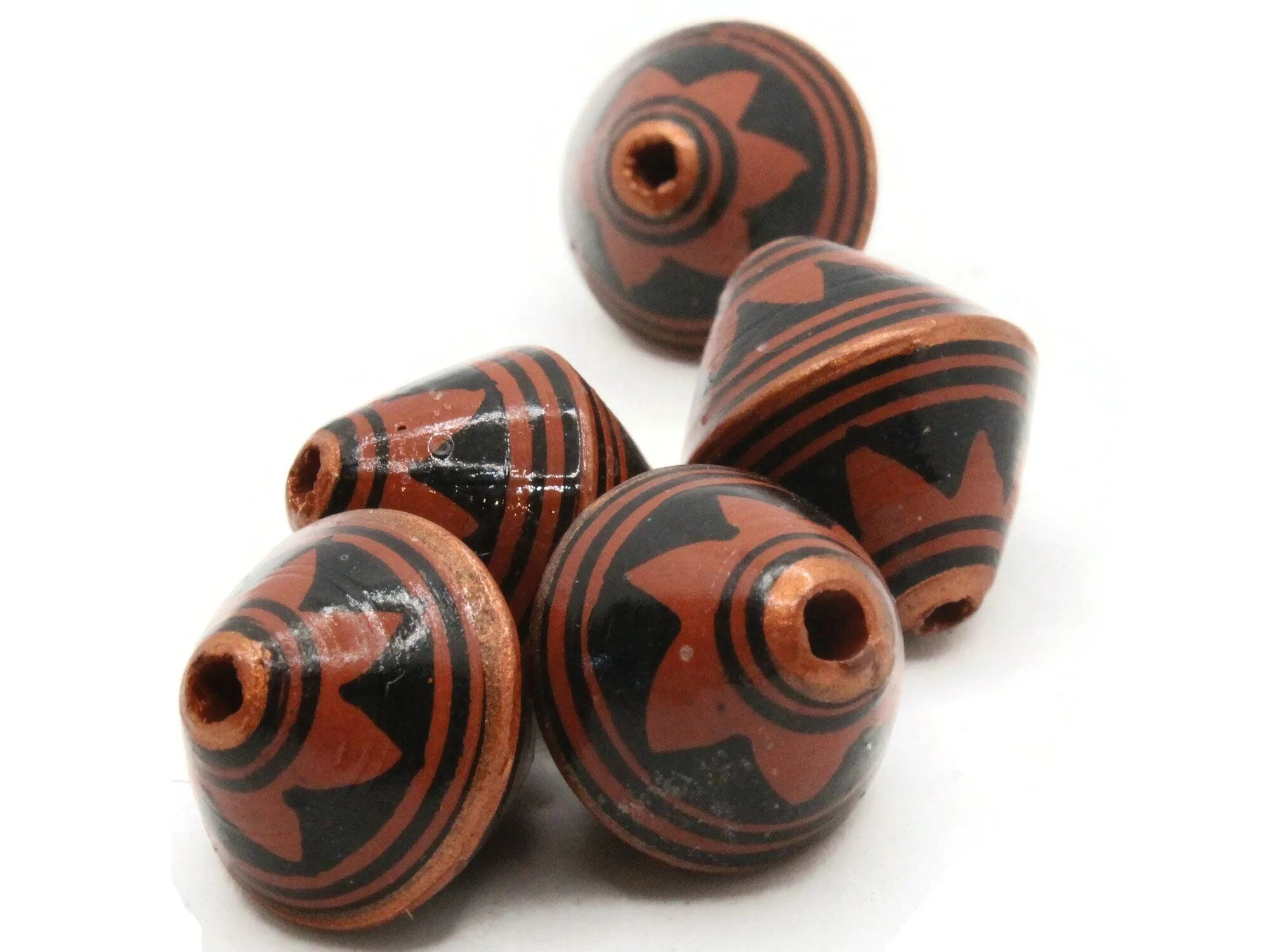 5 21mm Vintage Painted Brown Copper and Black Patterned Bicone Peruvian Clay Beads