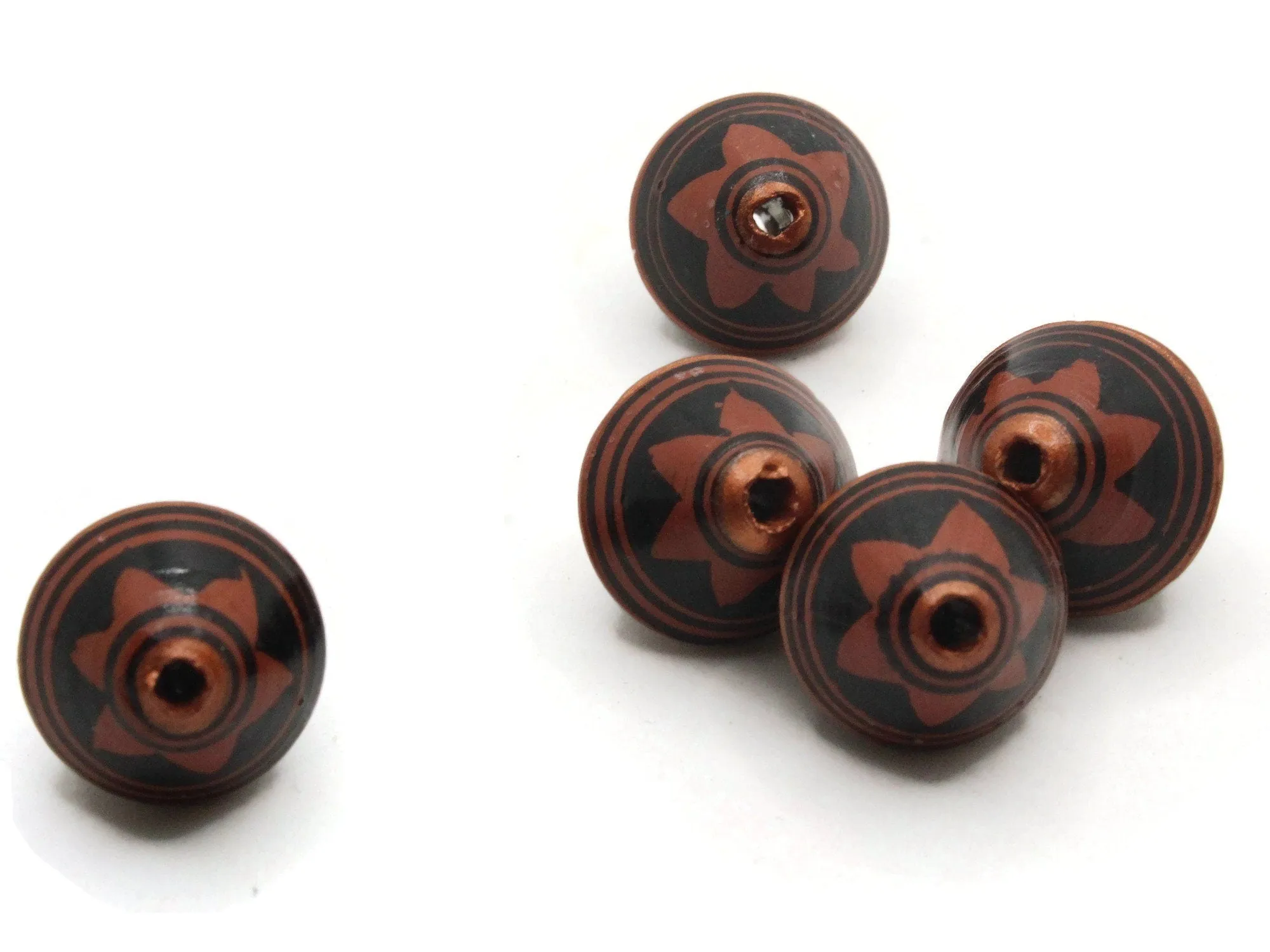 5 21mm Vintage Painted Brown Copper and Black Patterned Bicone Peruvian Clay Beads