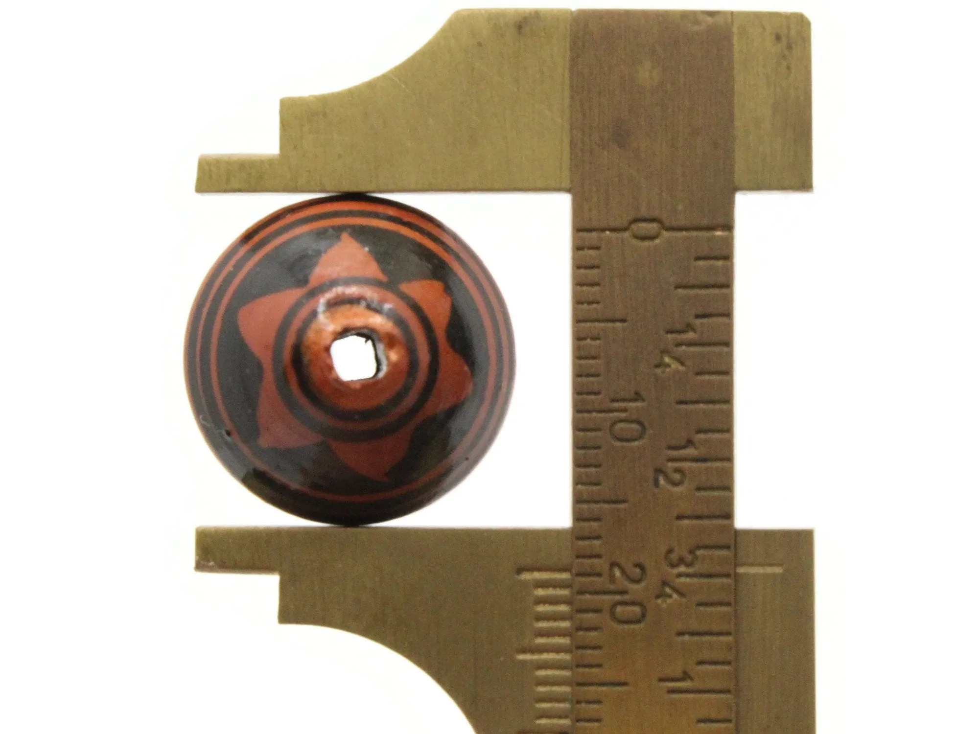 5 21mm Vintage Painted Brown Copper and Black Patterned Bicone Peruvian Clay Beads